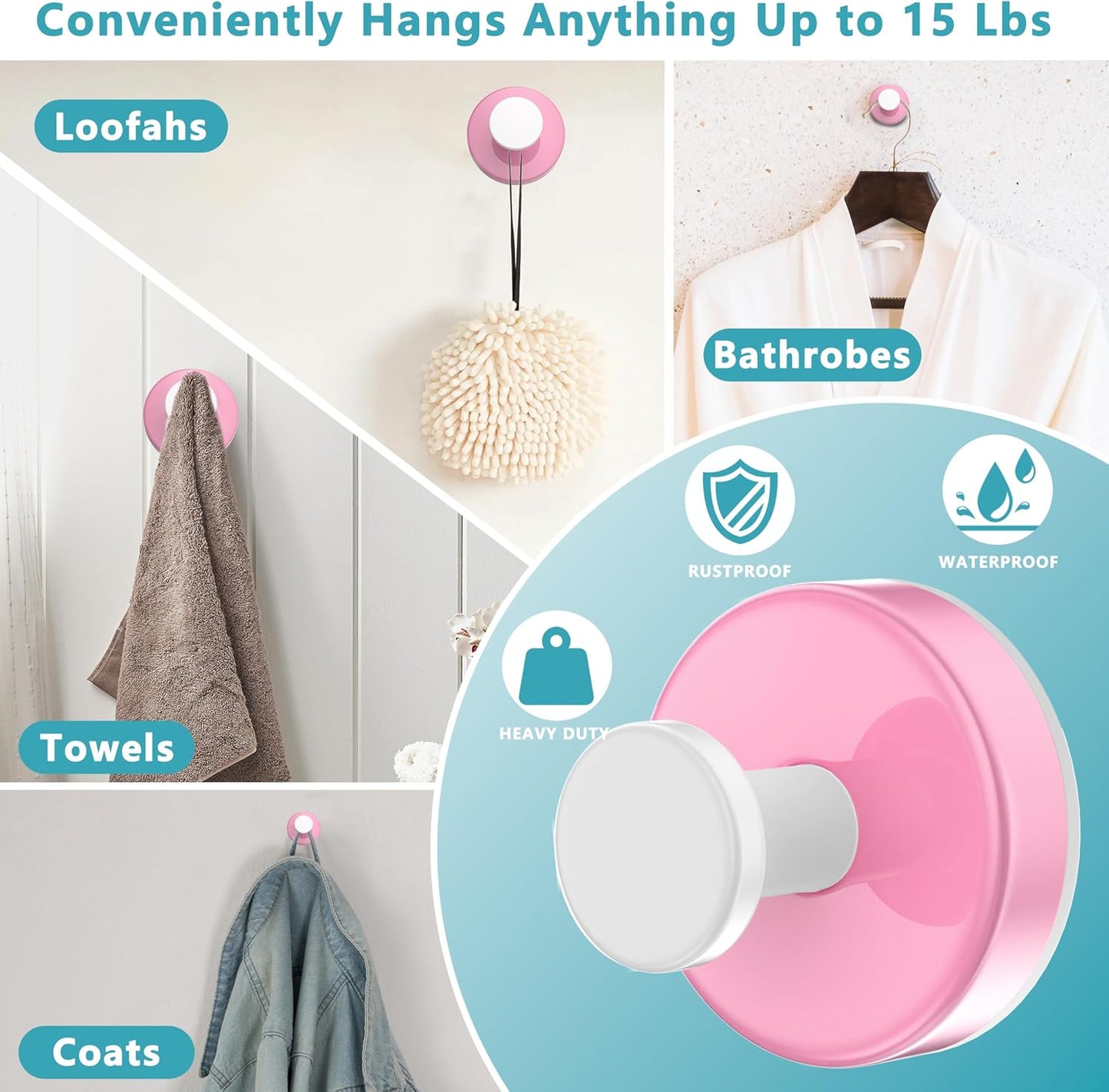 Suction Cup Hooks for Shower,Removable No Drill Towel Hooks,Upgraded 15 lbs Strong Suction hooks for Bathroom Tile,Shower Wall,Glass Door,Kitchen-Loofah,Coat,Stainless Waterproof-Pink White 2 Pcs