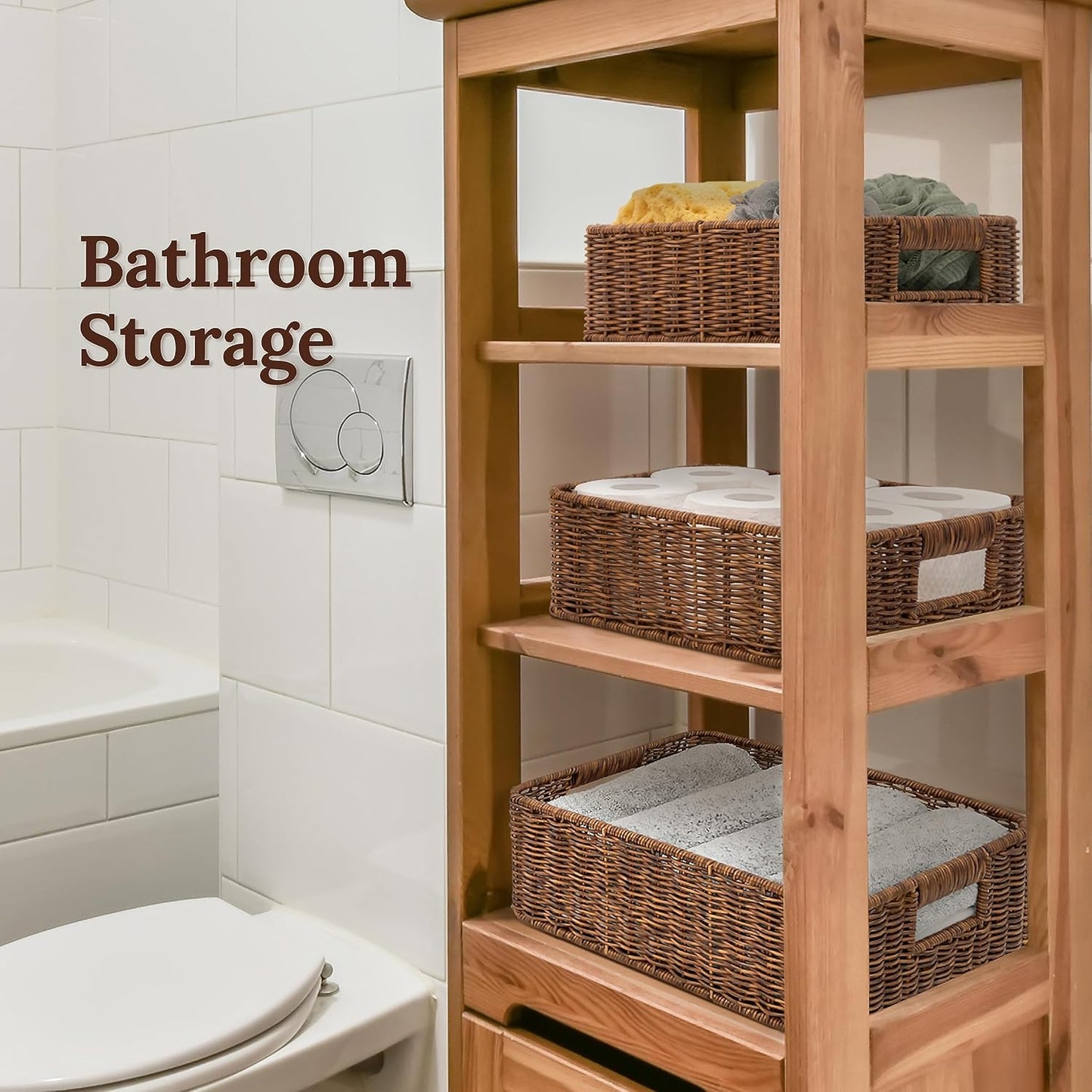 Baskets for Organizing, Undershelf Wicker Storage, Hand Woven Organizer for Closet Organization, Rectangular, Set of 3, Toffee