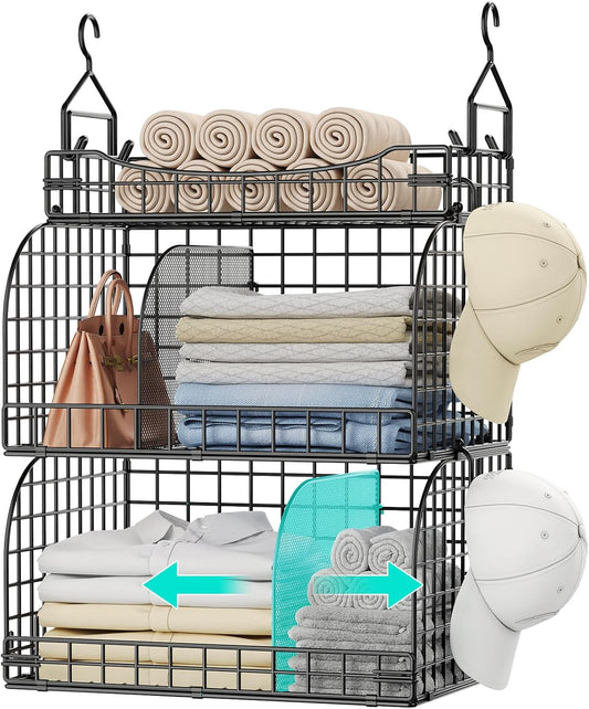 HapiRm Hanging Closet Organizer Storage - 3 Tier Metal Stackable Hanging Closet Shelves with Dividers and S Hooks, Foldable Clothes Shelves for Clothes, Pants, Shoes, Coat, Hats Clutches Accessories