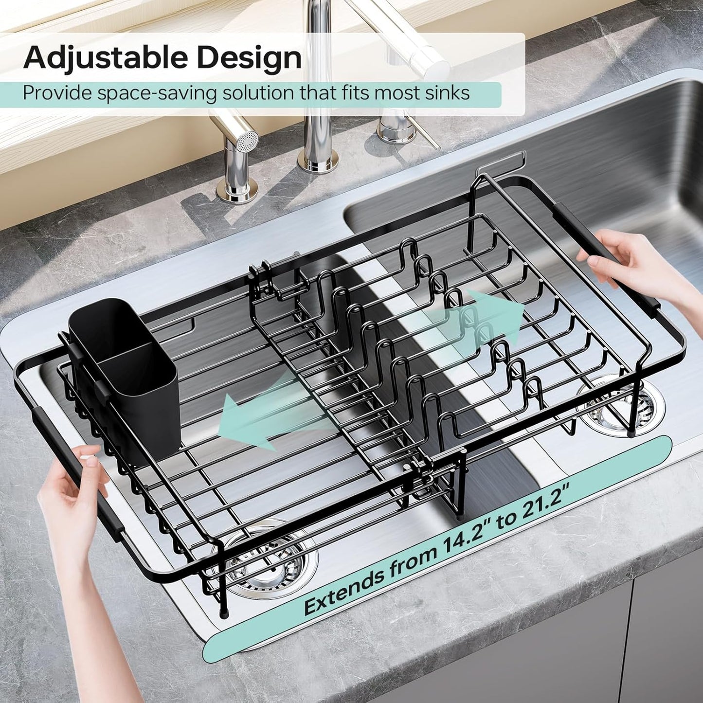Dish Drying Rack in Sink - Expandable (14.5''-18''L) Over The Sink Dish Rack with Utensil Holder, Space-Saving Dish Drainer for Kitchen Counter, 1 Piece, Matte Black