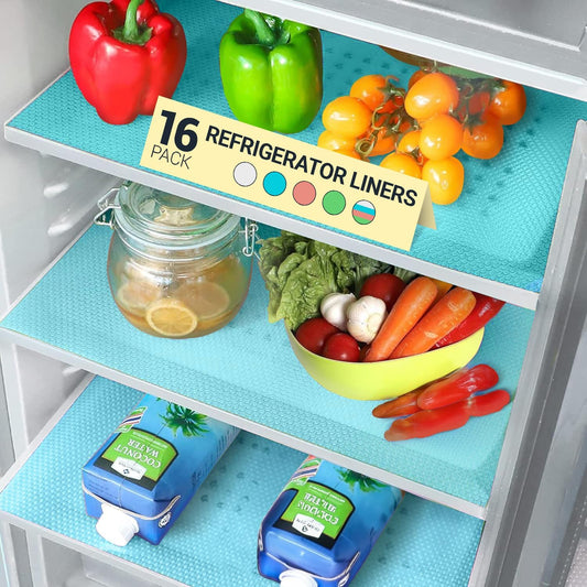 Refrigerator Liners for Shelves (16 Pack) by Linda’s Essentials - Non-Adhesive Shelf or Drawer Liner, BPA-Free Fridge Mats for Kitchen & Cabinets, Easy to Clean, Ideal Household Essentials (Blue)