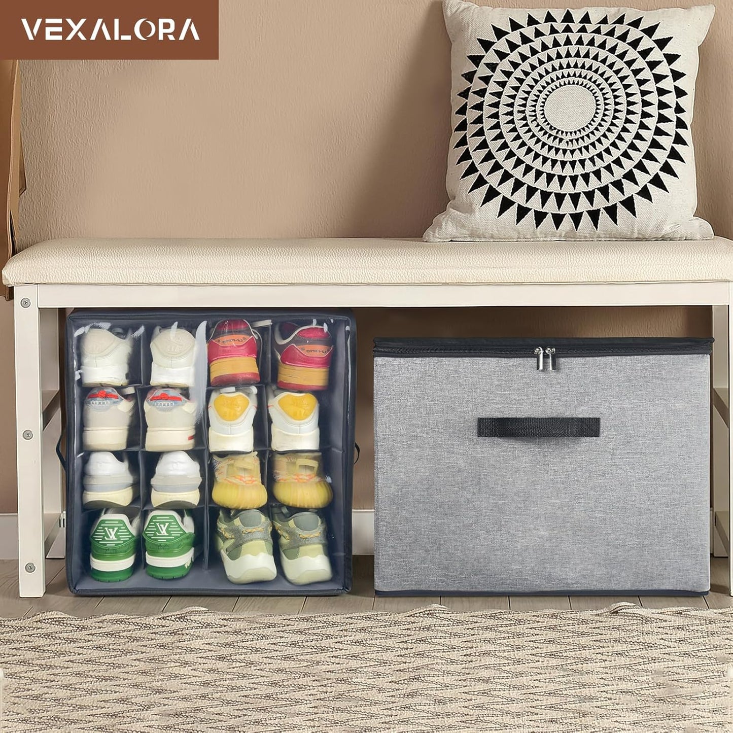 Shoe Organizer Box 2 Pack, Shoe Storage Organizer with Clear Cover, Adjustable Dividers Fits 16-32 Pairs, Fabric Shoe Organizer for Closet, Grey