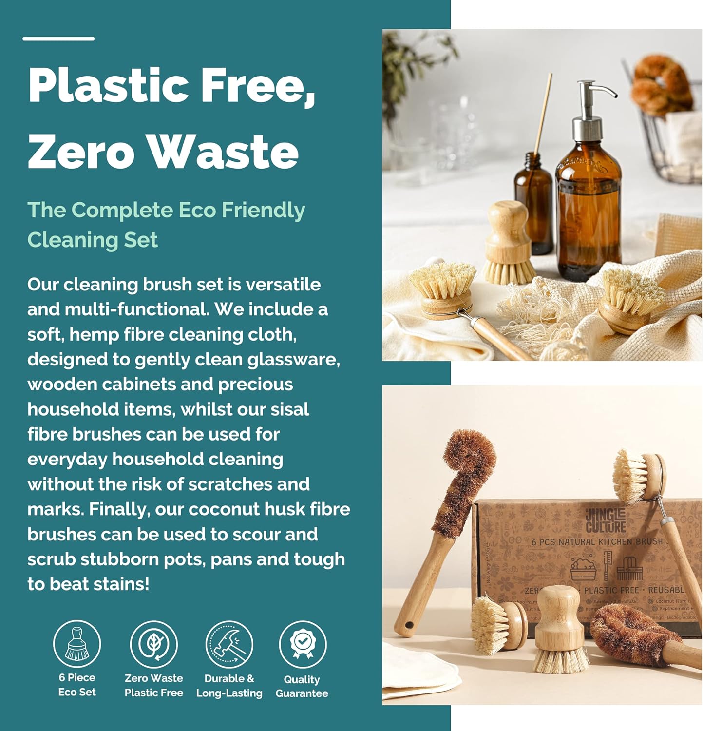 Jungle Culture® 6 Piece Natural Dish Brushes for Washing Up • Eco Dish Brush Kitchen Cleaning Set • Plant Based Coconut Scrubbers • Bottle/Pot Brush & Eco Friendly Scourer Sponge for Pans & Dishes