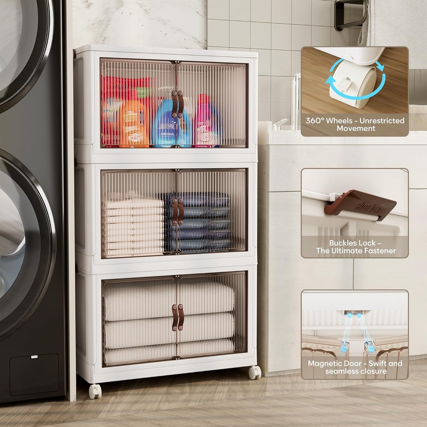 Jalove 50QT Plastic Storage Bins with lids, Stackable Collapsible Storage Containers with Wheels, Closet Organizer and Storage Drawers, Clothes Storage Cabinet for Home Office Garage, 3Pack White