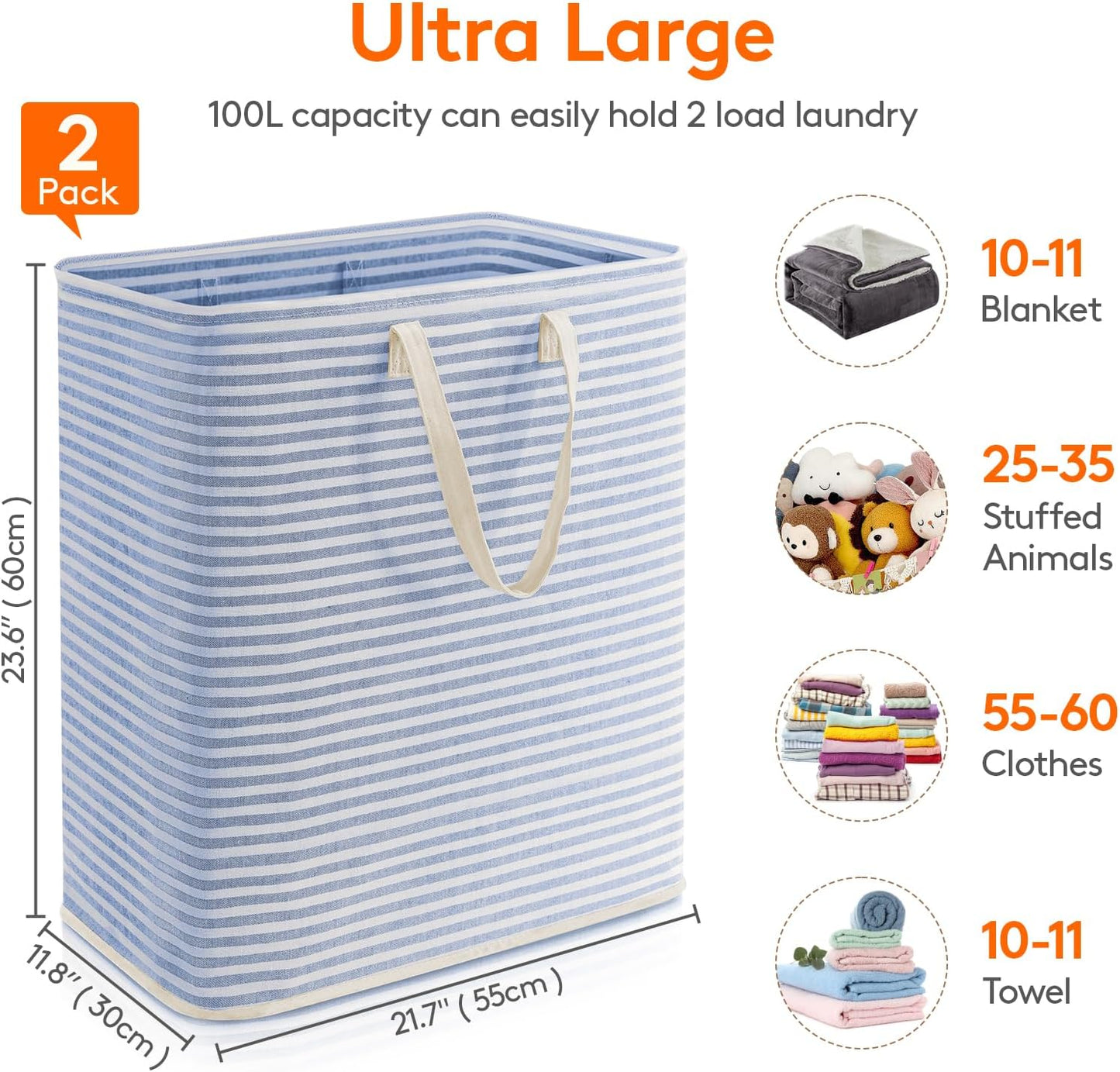 Lifewit 2 Pack Laundry Hamper Large Collapsible Laundry Basket, Freestanding Waterproof Cloth Hamper with Easy Carry Handles in Laundry Room Bedroom Bathroom Dorm for Adult, Grey&Blue, 2 x 100L