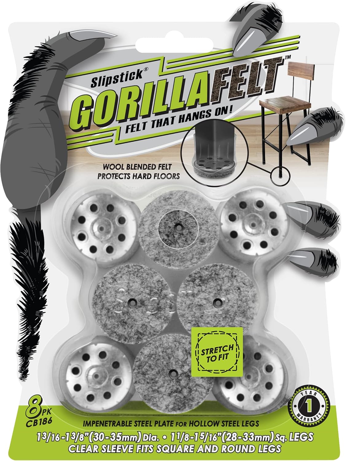 Slipstick GorillaFelt Chair Leg Floor Protectors for Hardwood Floors, Clear Sleeve Felt Pads for Furniture That Stay On, Fits Round & Square Legs, Includes 8 Premium Transparent Chair Socks, CB186