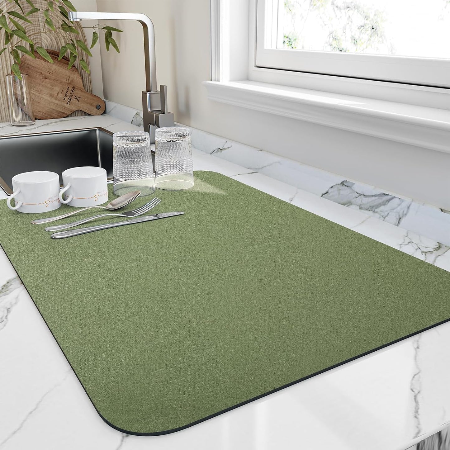 Dish Drying Mat for Kitchen Counter, Heat Resistant Drainer Mats with Non-slip Rubber Backed, Hide Stain Kitchen Super Absorbent Draining Mat, Easy to Clean Dish Rack Pad, Green 18"x32"