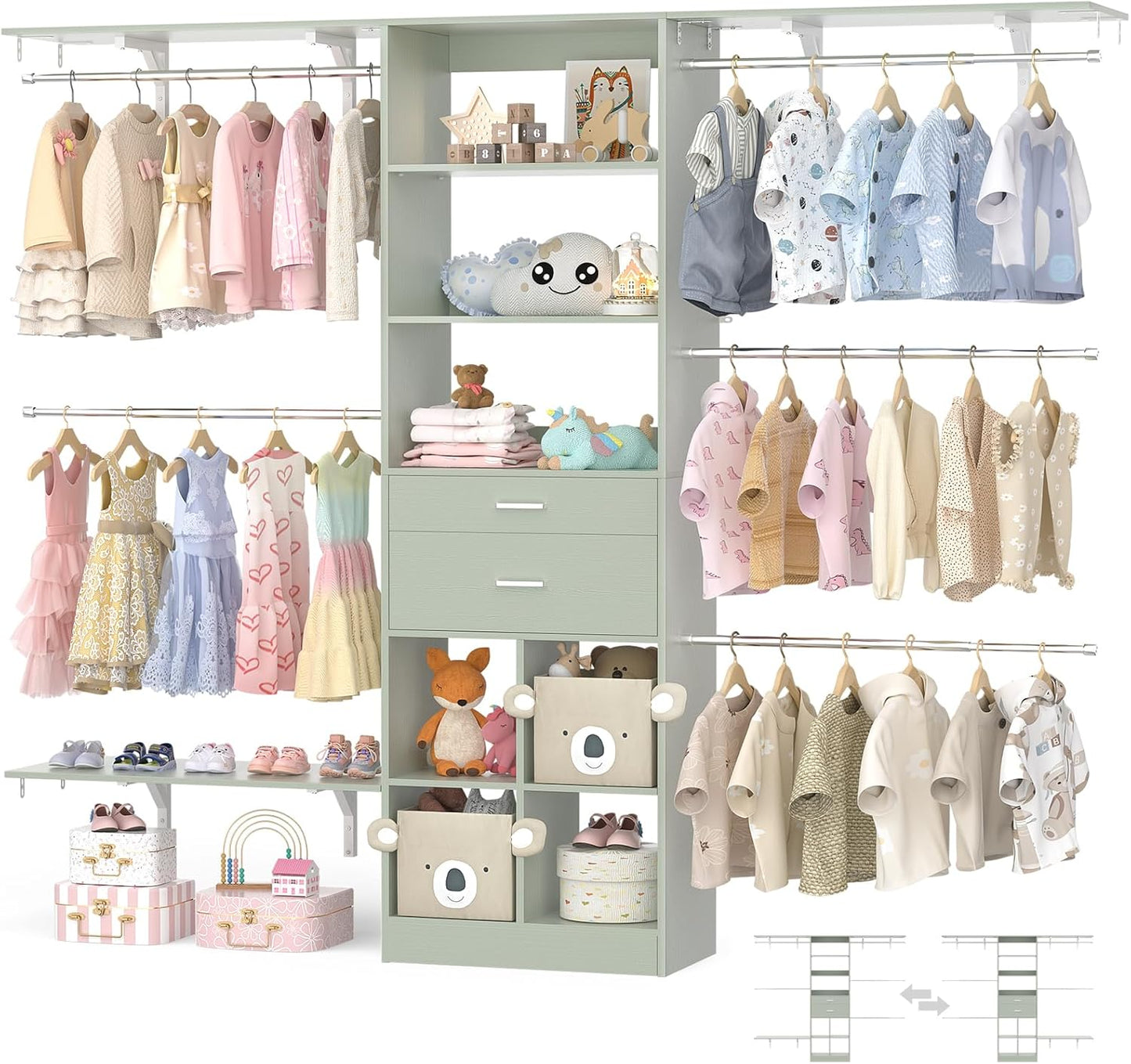 Closet System - 4.75-8FT Closet Organizer System with Wooden Drawers & Cube Storage Organizer, Up To 96" Closet Systems for Nursery & Walk-In Closets with Cuttable Hanging Shelving, Crab Green