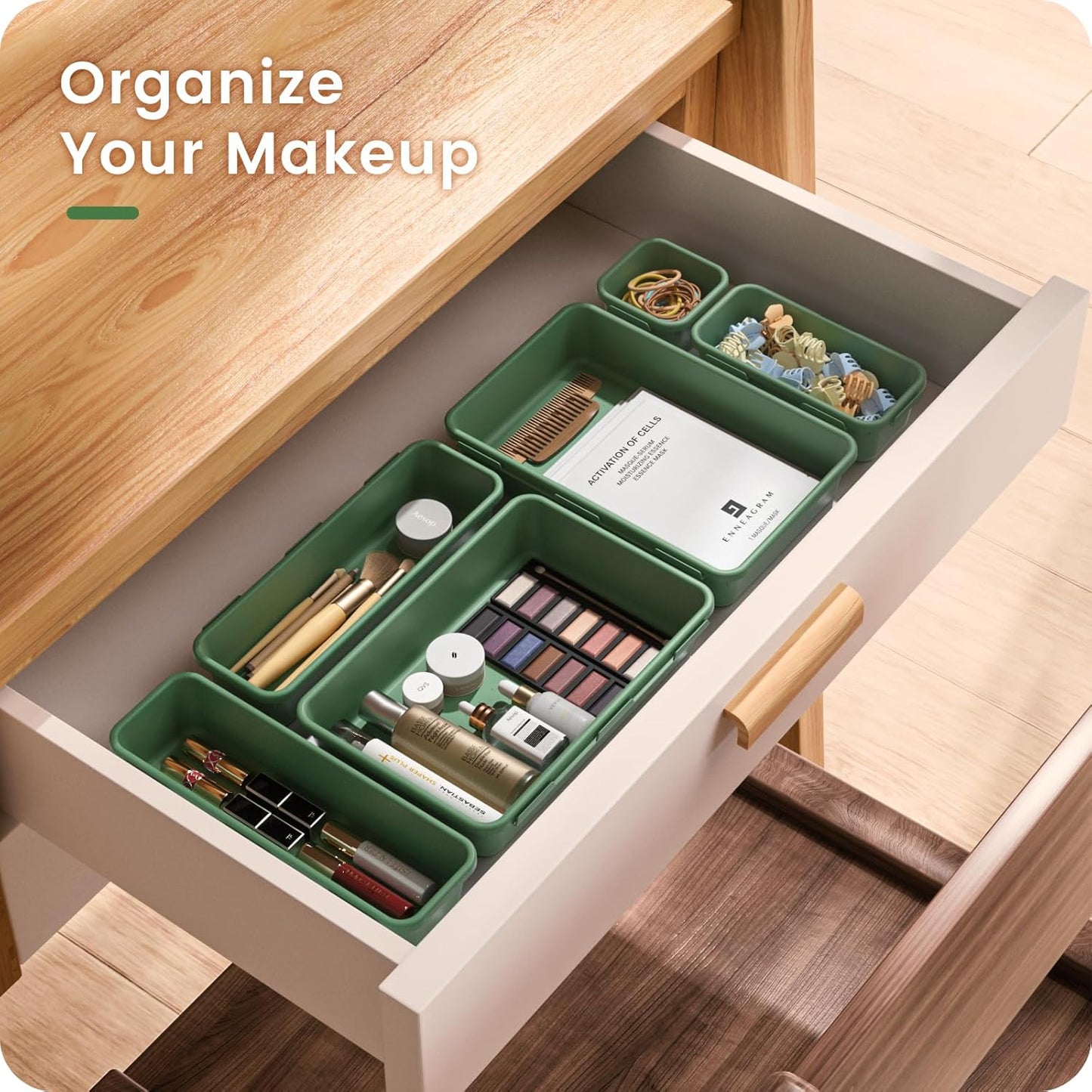 A-LuGei 【28PCS】 Drawer Organizer, Bathroom Organizers and Storage, Makeup organizer, Desk drawer organizer, Storage Bins for Kitchen Office Bedroom Vanity Jewelry Pantry Garage【ArmyGreen】【4Size】