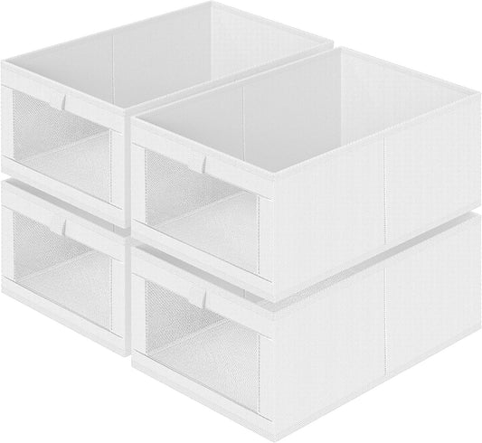 Criusia 4 Pack Closet Organizers and Storage, Large Linen Closet Baskets for Organization, Foldable Storage Containers for Towels, Clothing, Jeans, Books, Shelves, White