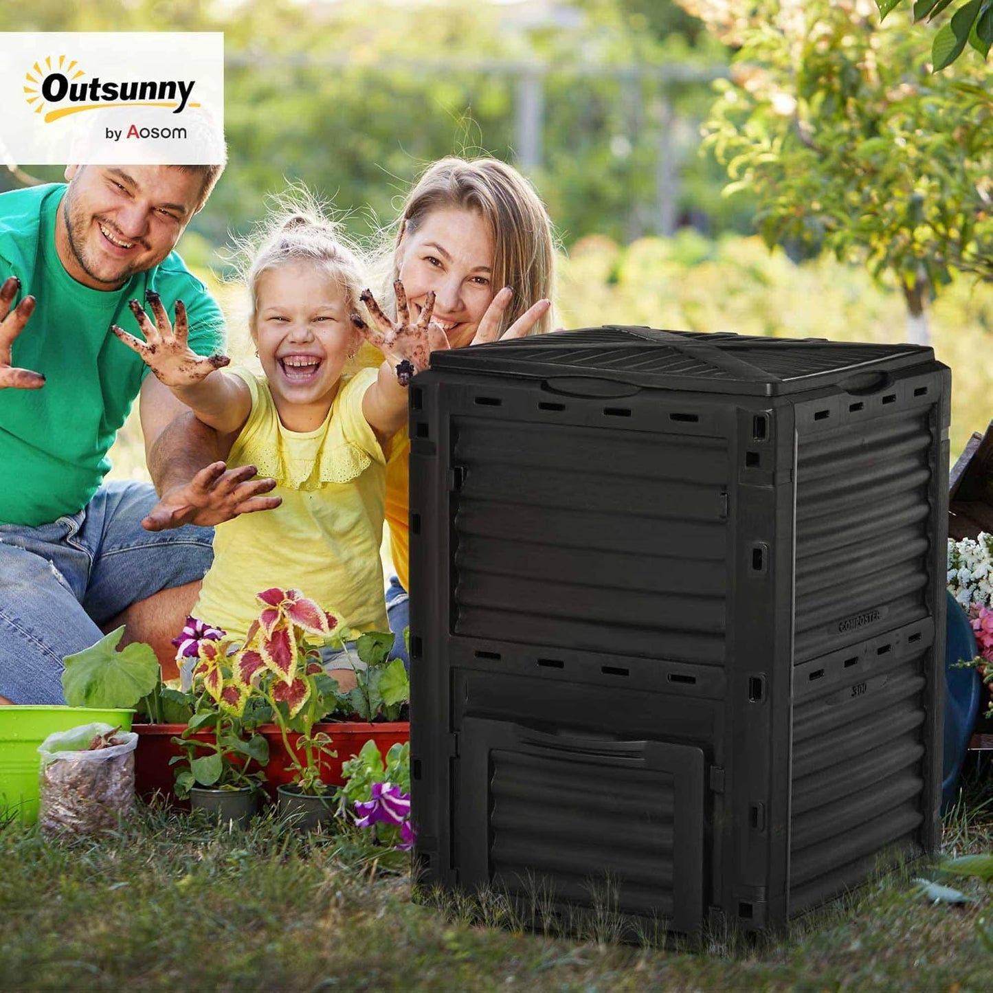 Outsunny Garden Compost Bin 80 Gallon Outdoor Large Capacity Composter Fast Create Fertile Soil Aerating Box, Easy Assembly, Black