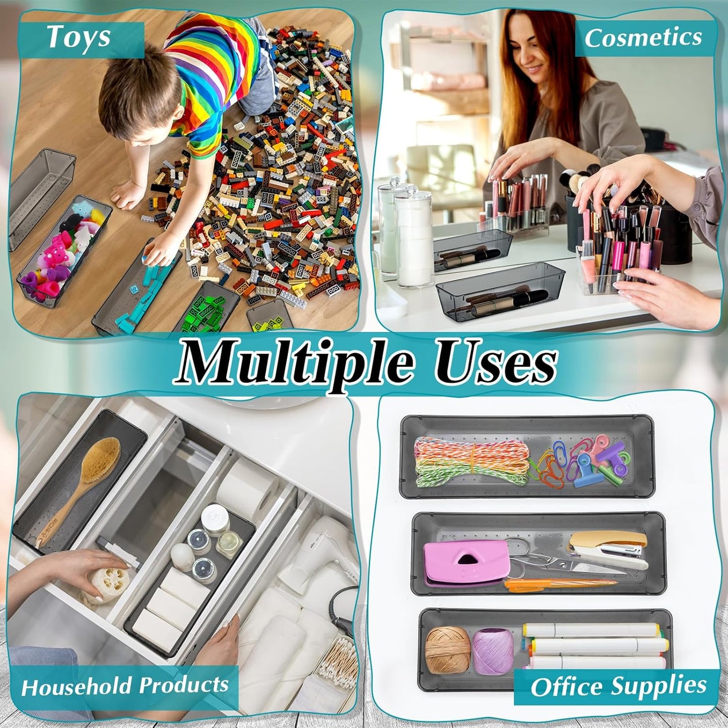 Maitys 12 Pcs Vanity Drawer Organizer 9 x 3 x 2 Inches Clear Plastic Utensil Organizers Kitchen Drawers Dividers for Office Desk Silverware Kitchen Utensils Cosmetics and Bathrooms(Black)