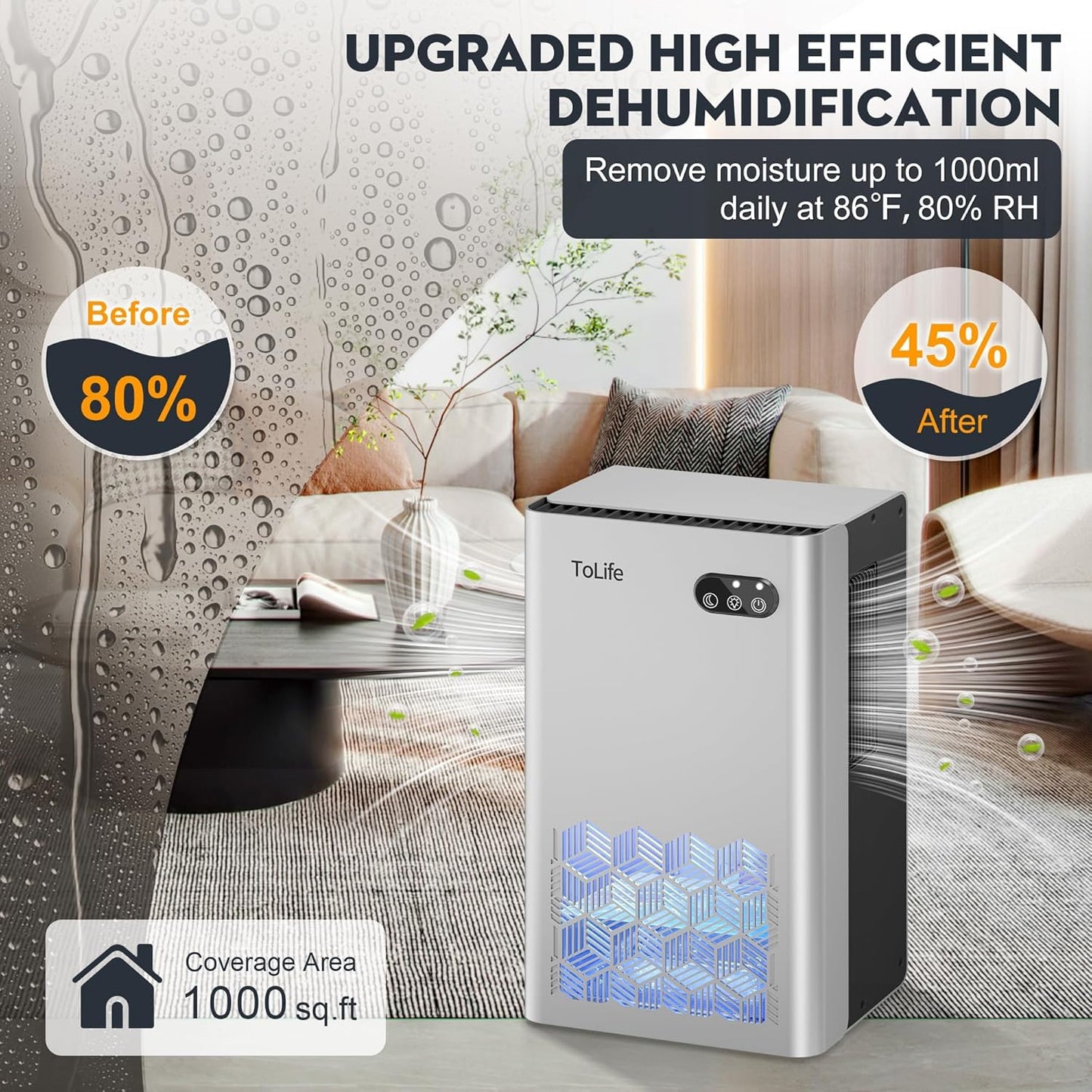 ToLife Dehumidifier for Home, 1000 sq.ft Dehumidifiers for Basement Bedroom Bathroom with 95 OZ Water Tank, Auto Shut Off 7 Colors LED Light, Silver