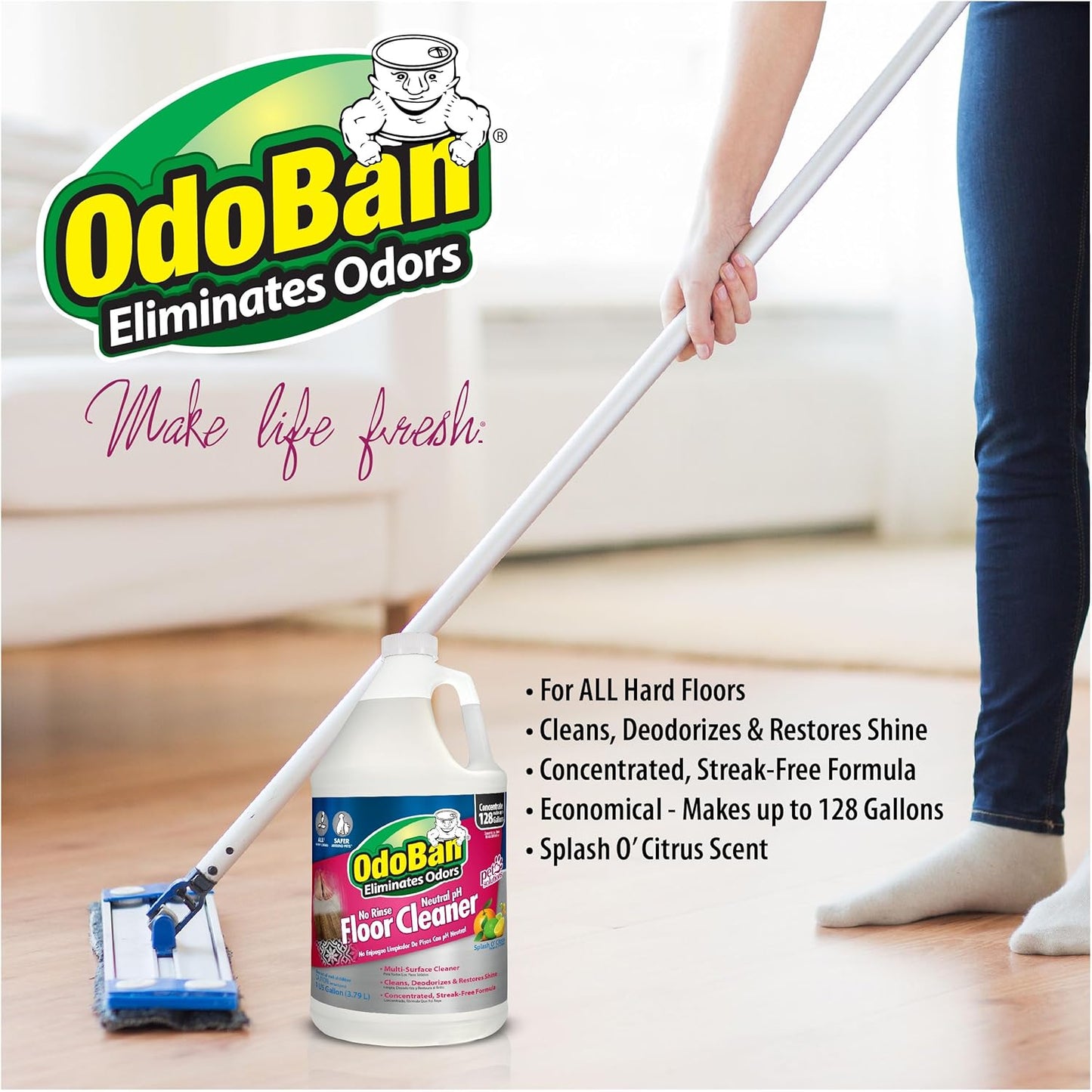 OdoBan Pet Solutions No Rinse Neutral pH Floor Cleaner Concentrate, Made in the USA, Splash O' Citrus Scent, 2 Gallons