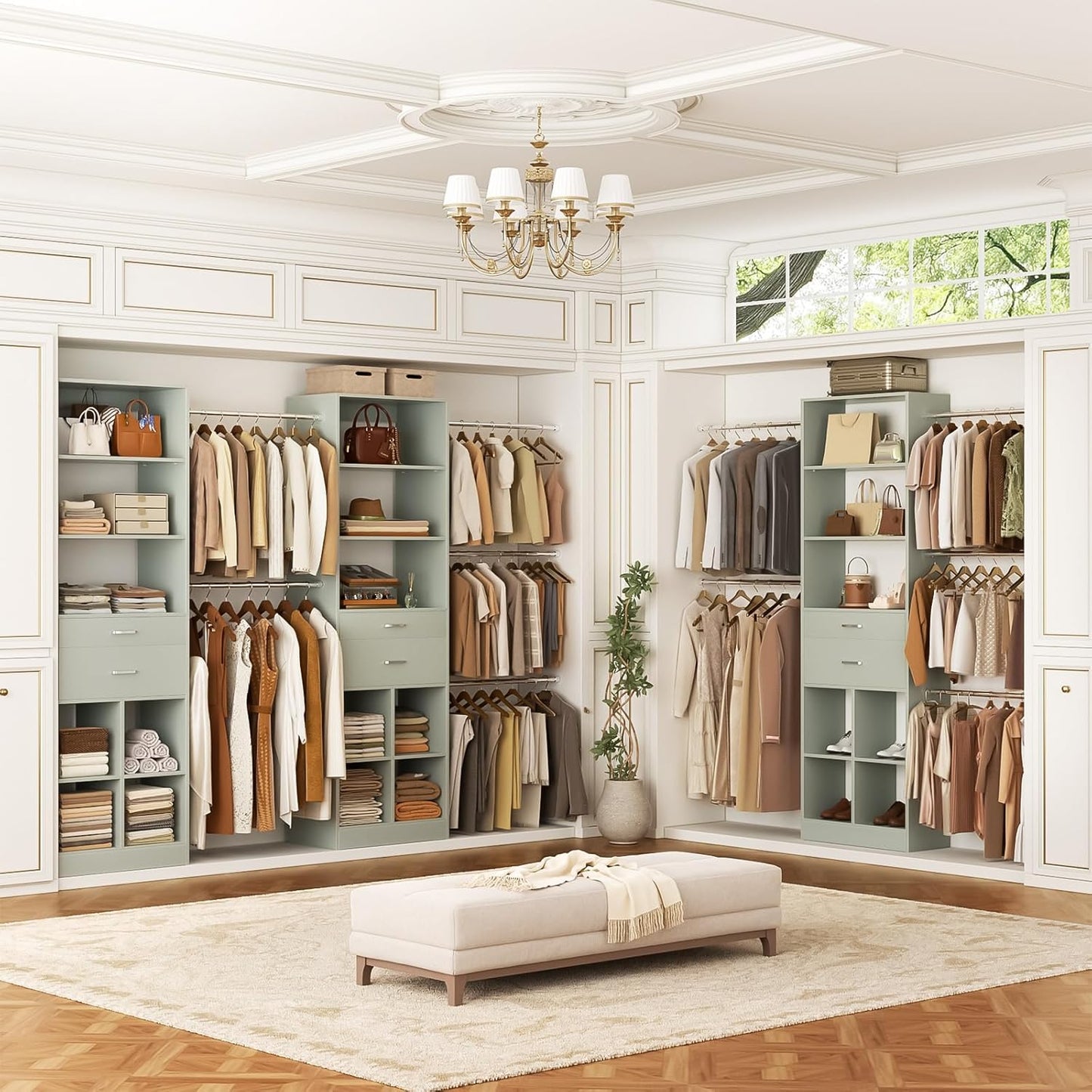 Closet System, 4-8 FT Closet Organizer Tower with 2 Wooden Drawers and Shelves, Can Fit 60 to 96 inch Walk-in Closet System with 5 Hang Rods, Built-in, Crab Green