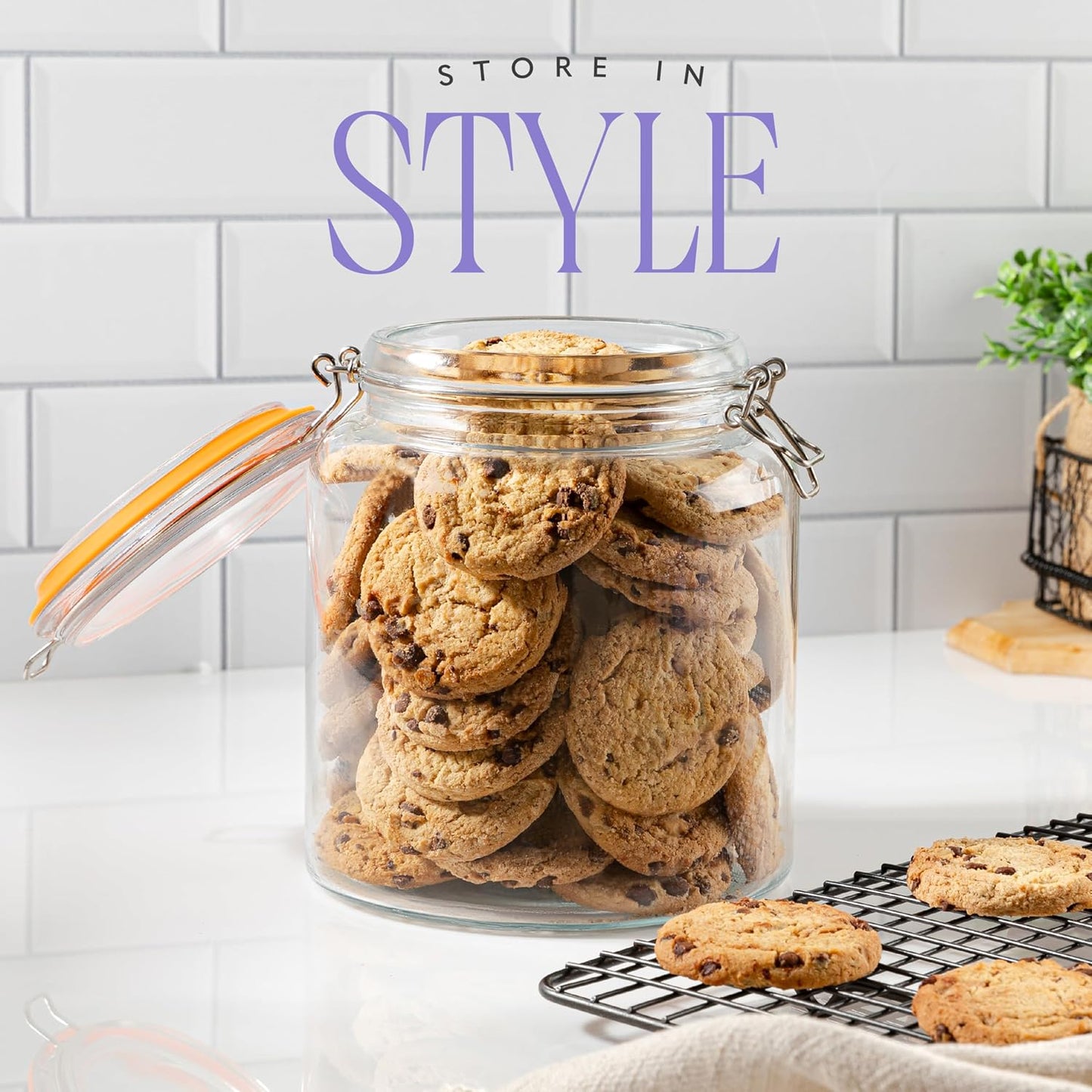 kitchentoolz Half Gallon Glass Large Mason Jars with Airtight Lid - 64oz Wide Mouth Flour & Sugar Container. Also for Sourdough, Pasta, Pickles, Cookies- Flip Top Hinged Closure - 2 Pack