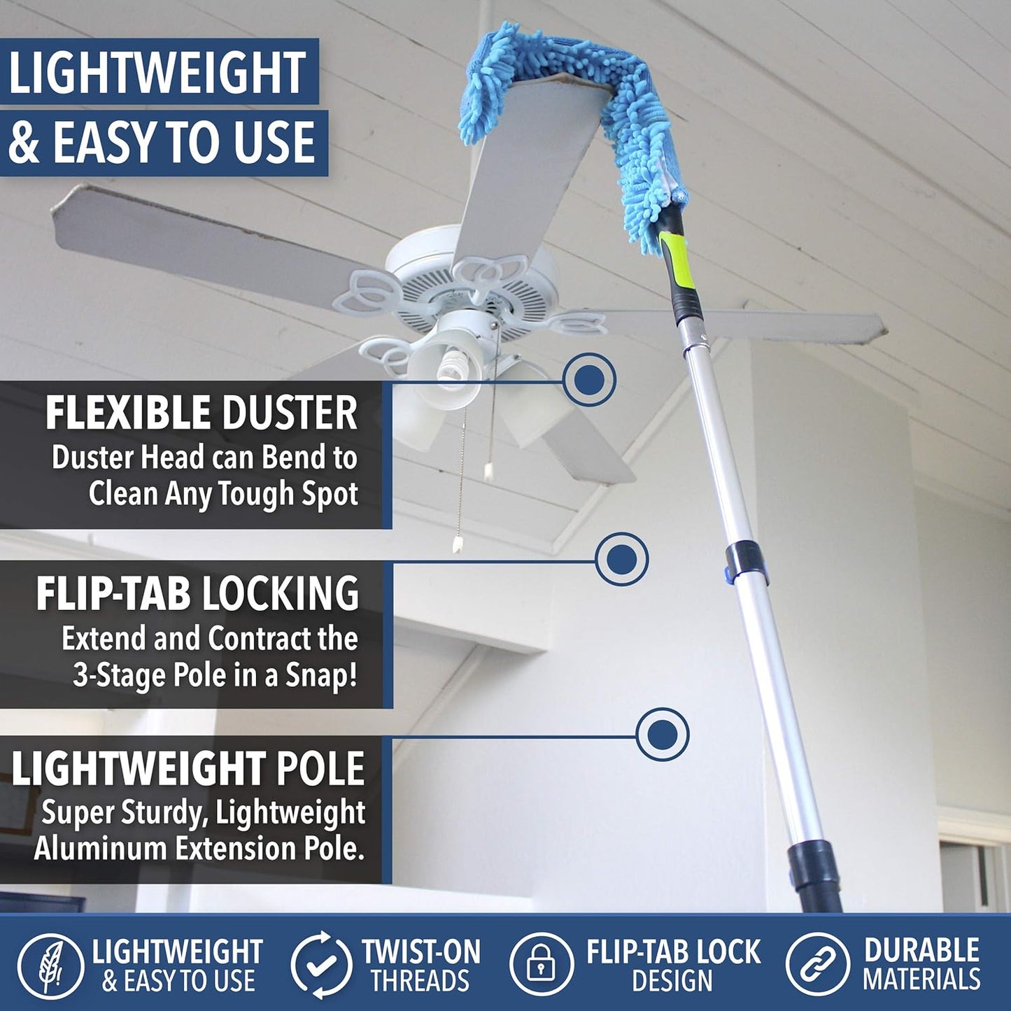 EVERSPROUT 20+ Foot High Reach Flexible Microfiber Ceiling & Fan Duster | Bendable to Clean Any Fan Blade | Removable & Washable Brush Head |5-to-12 Foot 3-Stage Lightweight Aluminum Extension Pole