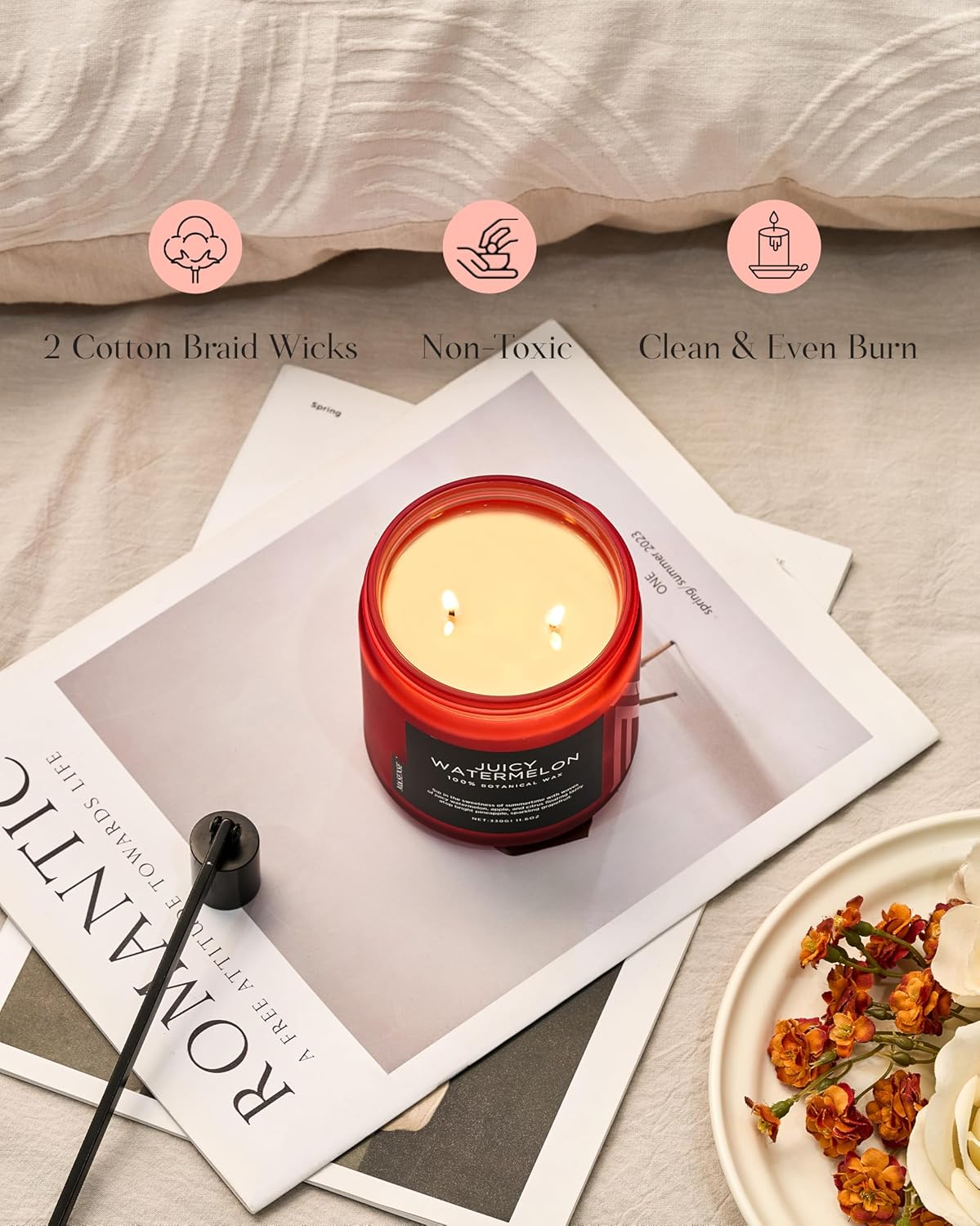 M&SENSE Juicy Watermelon Scented Candle - 11.6oz Clean Non Toxic Natural Soy Wax 70-Hour Burn Long Lasting Candle, 2-Wick Fruit Scent for Home Decor & Housewarming Gifts - Fragrance for Women & Men