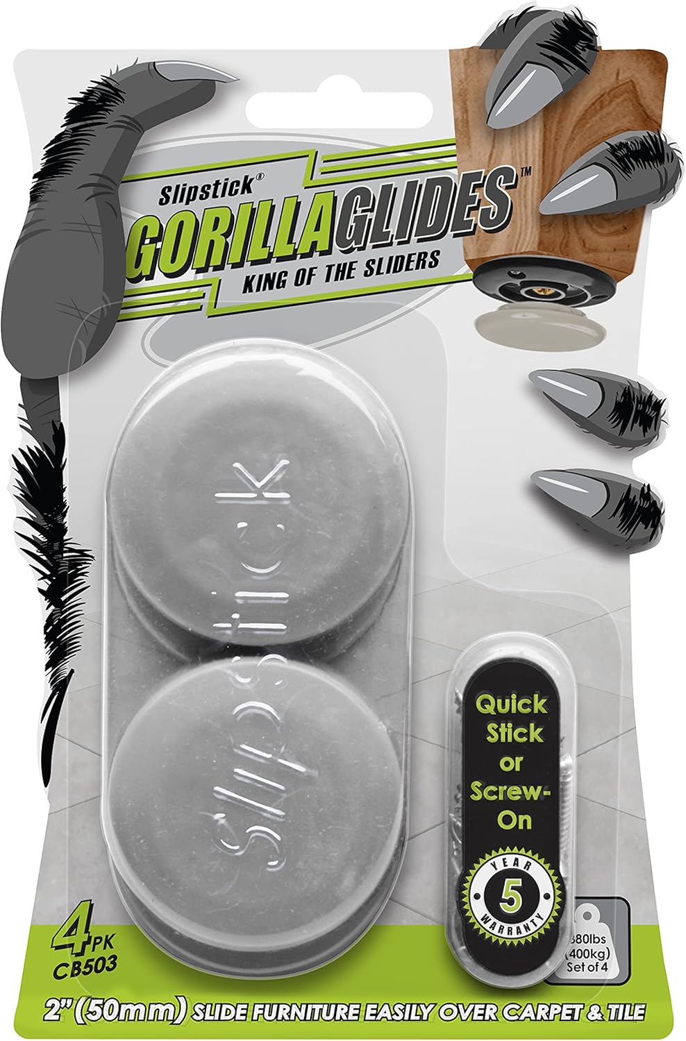 GorillaGlides CB503 2 Inch Furniture Sliders/Screw On Glide Floor Protectors (Set of 4 Glides) Large Furniture Feet Glides for Carpet and Hard Surface Sliding, Round