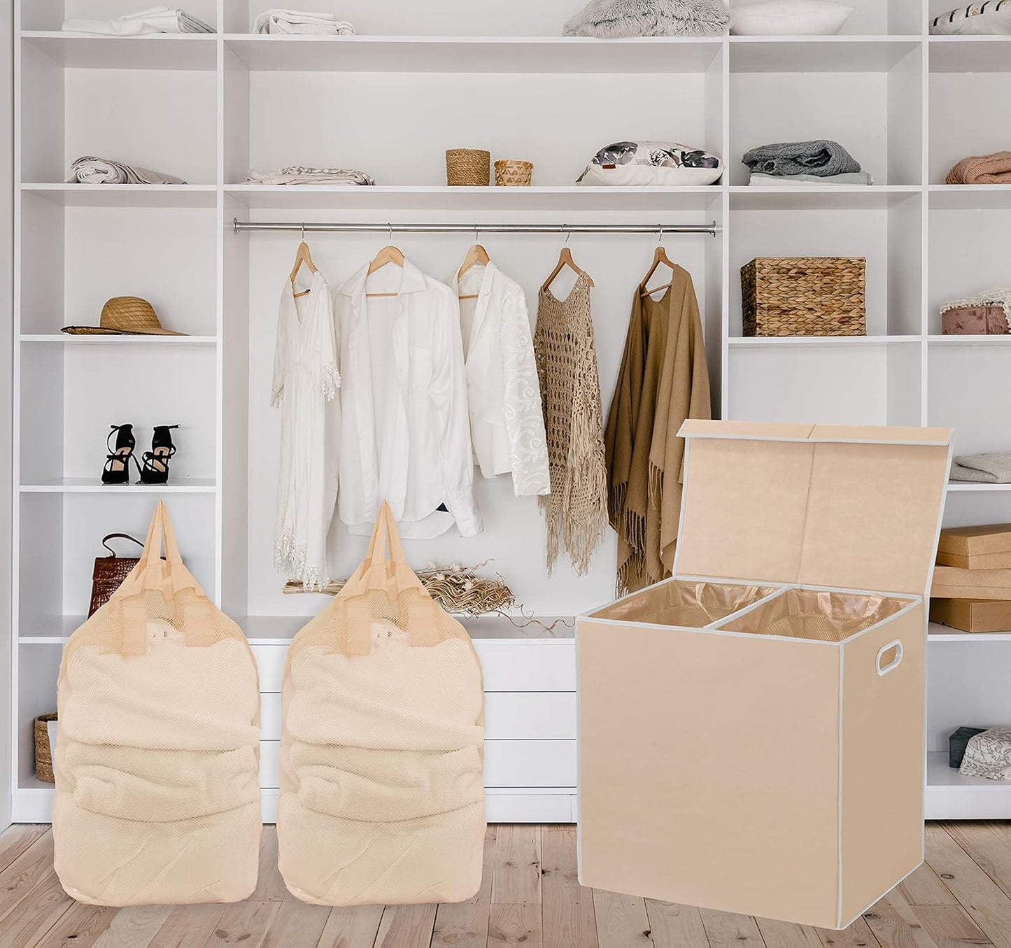 Simple Houseware Double Laundry Hamper with Lid and Removable Laundry Bags, Beige