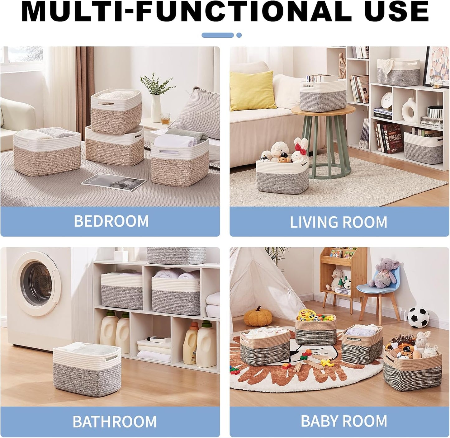 OIAHOMY 4 Pack Storage Baskets for Organizing, Basket for Shelves with Handle, Woven Baskets for Storage Toys, Towels, Books, Cotton Rope Basket 13" L x 9 " W x 7.8 " H, Pink & White