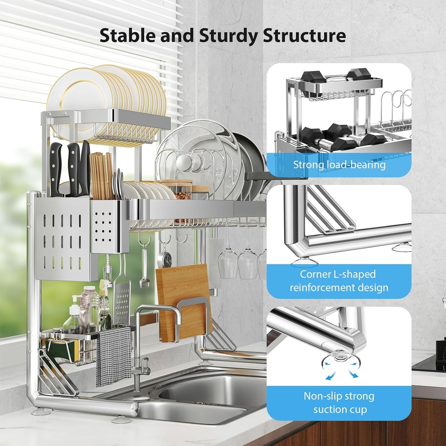 Over Sink Dish Drying Rack, Upgrade 2.5-Tier 304 Stainless Steel Dish Rack Adjustable Length with Pots and Pans Rack, Modern Over The Sink Dish Drainer Rack for Kitchen Storage Counter Organizer