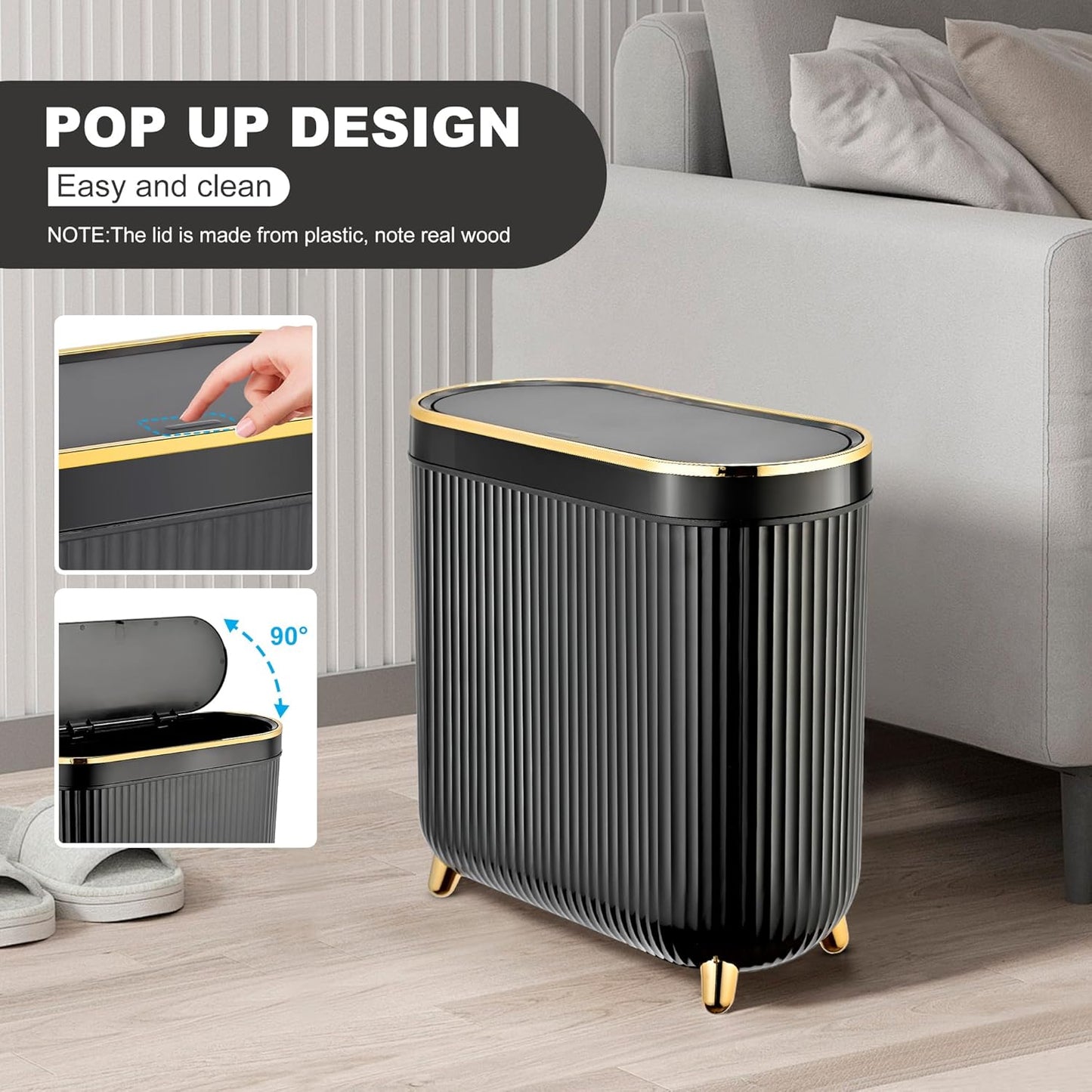 Bathroom Trash Can with Lid 3.1 Gallon Narrow Trash Can Small Plastic Trash Bin 12 Liter Rectangular Plastic Garbage Can with Press Type Lid for Bedroom Bathroom