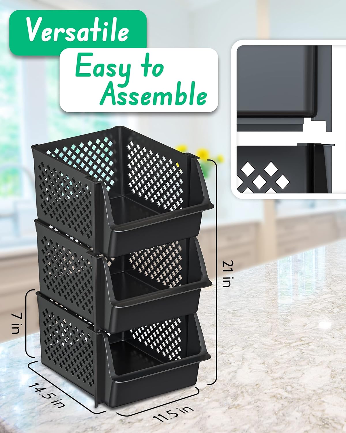 Skywin Plastic Stackable Storage Bins for Pantry - 3 Pack, Black Stackable Bins For Organizing Food, Kitchen, and Bathroom Essentials