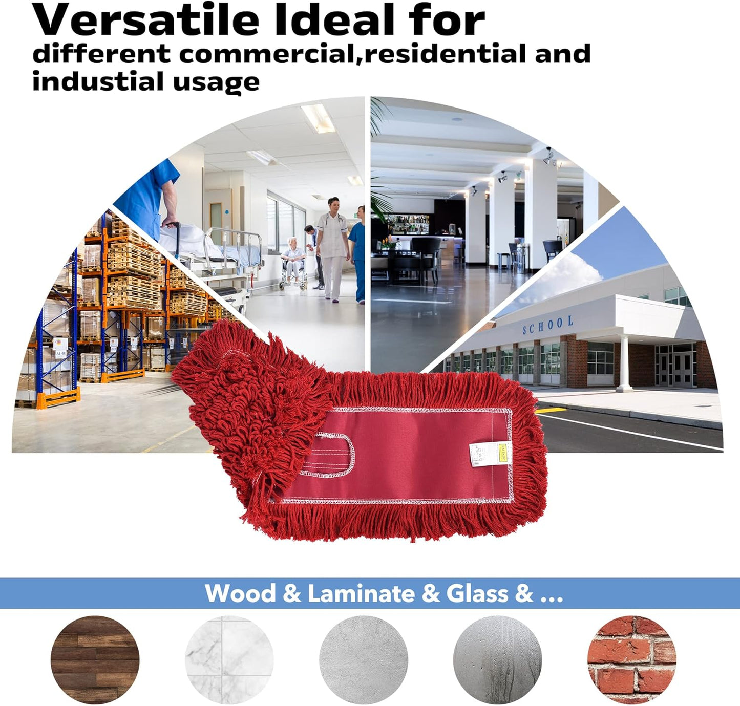 Matthew Cleaning 24'' Industrial Strength Cotton Dust Mop Refill Washable Replacement Heads for Residential & Commercial Use Fit Standard Dust Mop Frames, Hardwood,Concrete Floors Red 3 Pack