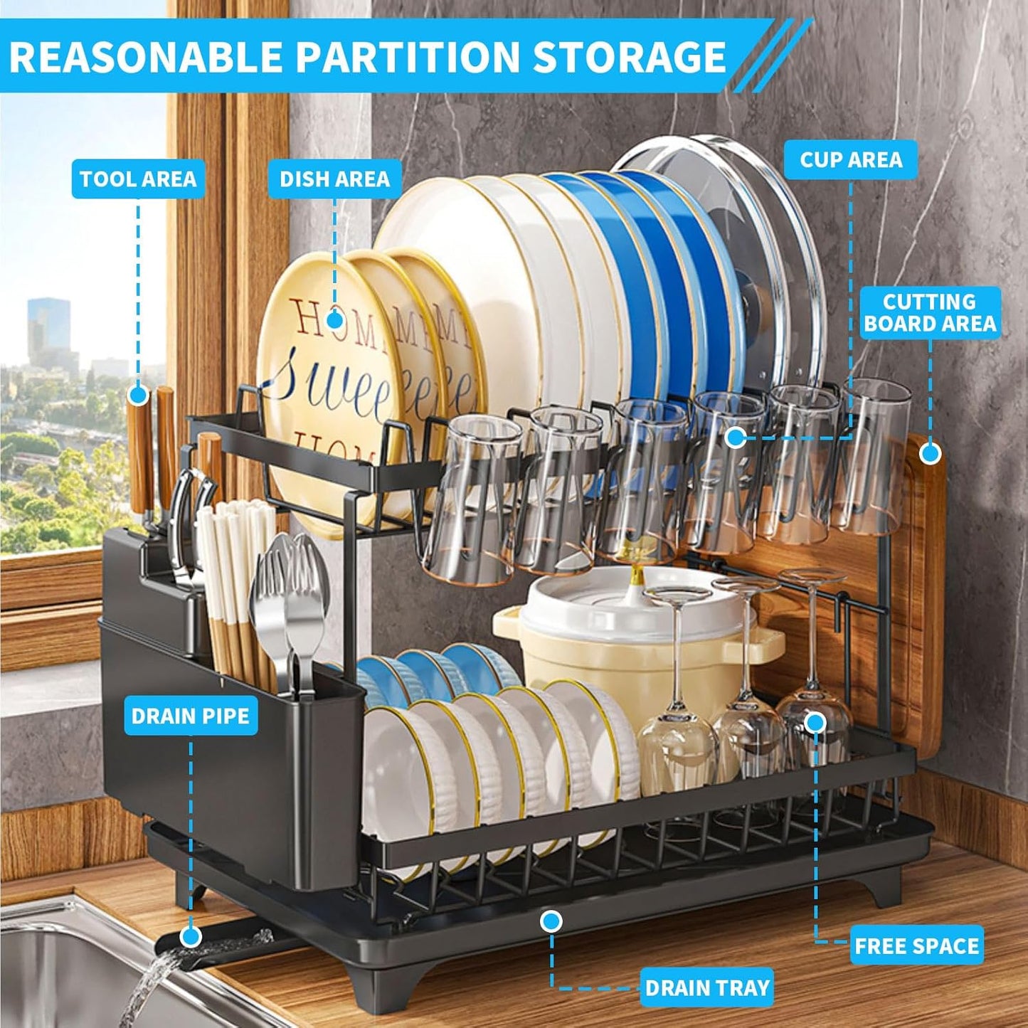 Dishes Drying Rack, 2-Tier Tableware Drying Rack with Draining Board, Space-Saving Design, Suitable for Kitchen Countertop Tableware and Cup Rack