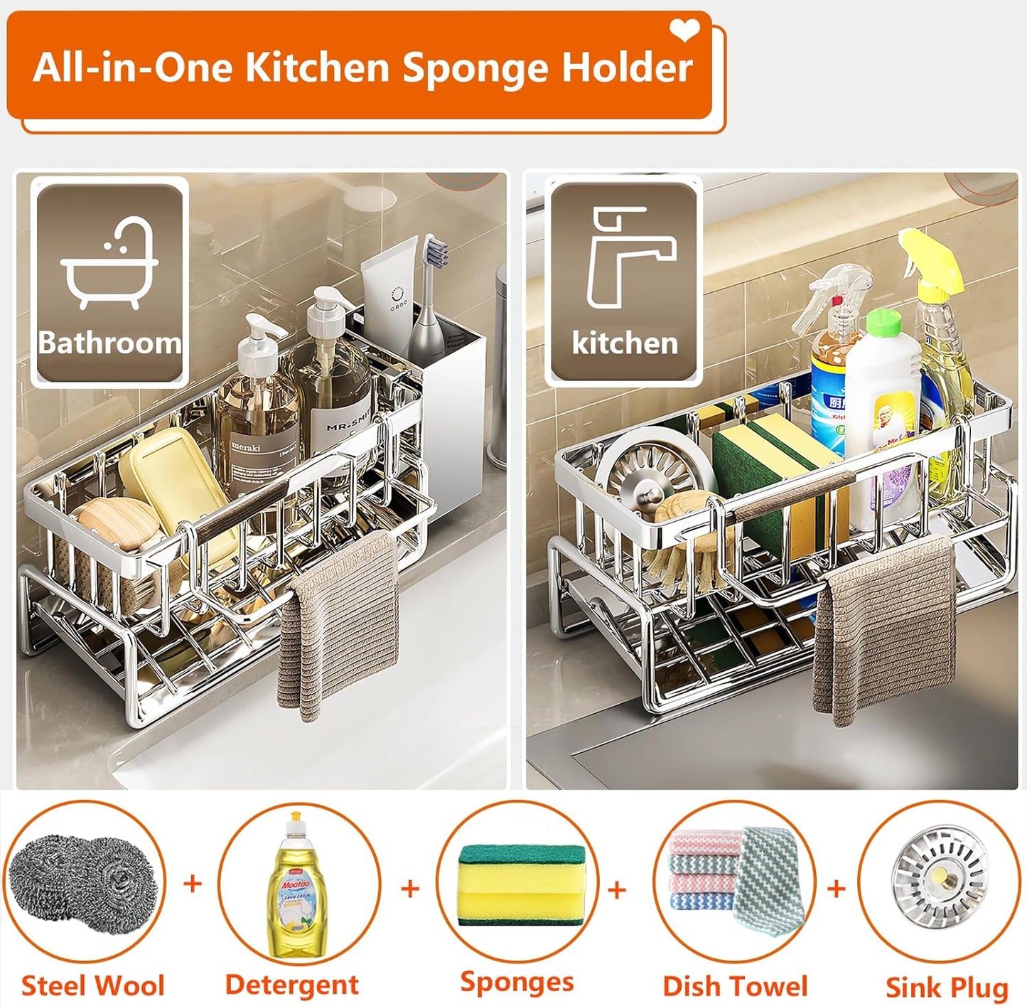 Sponge Holder for Kitchen Sink, Sink Caddy Organizers Stainless Steel,30°Tilt Self-Drainage,Sponge Holder with Dish Brush Holder,Removable Dishcloth Rack for Kitchen Storage Box,Silver