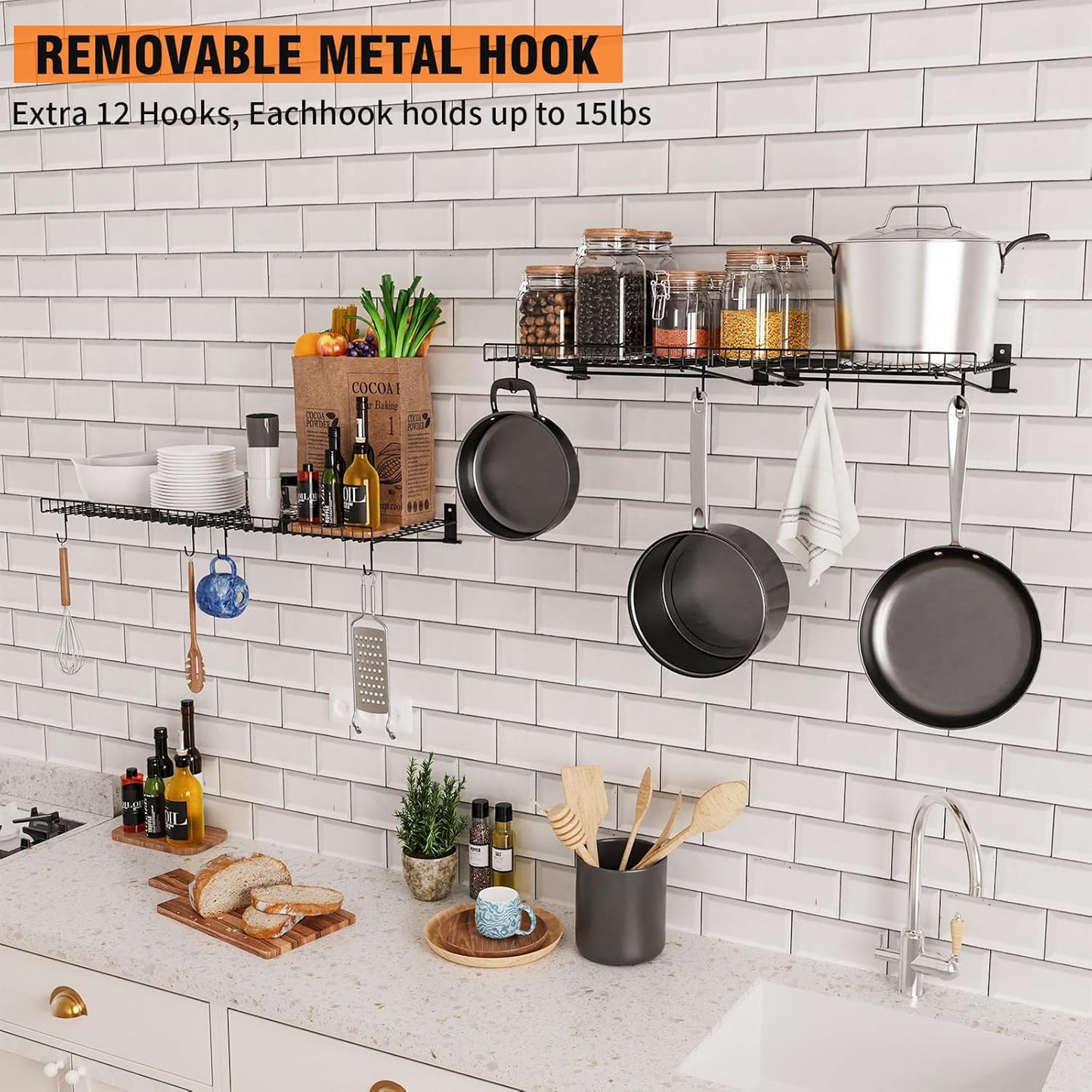 6 Pack Foldable Wall Shelf, Wall Mounted Garage Storage Shelves, Heavy Duty Wall Shelving Supports Up To 270 LBS. Floating Shelves With 12 Hooks Metal Storage Rack for Office, Kitchen and Laundry Room