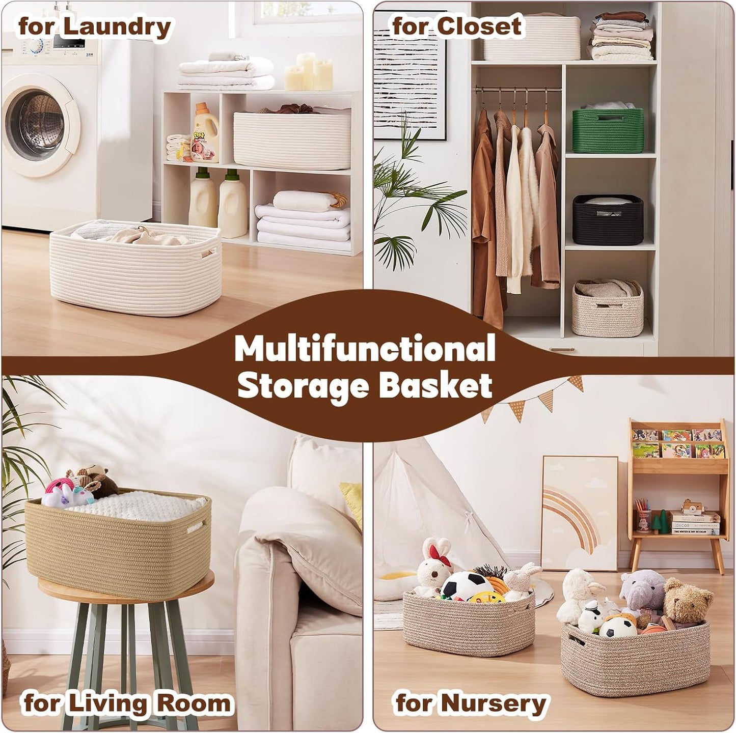 OIAHOMY Storage Basket for Shelves, Closet Cube Storage Bins Baskets for Clothes Blanket Towels, Baby Nursery, Toy Baskets Box, Woven Rope Basket, 17.72*12.99*7.87 IN, 2 Packs White