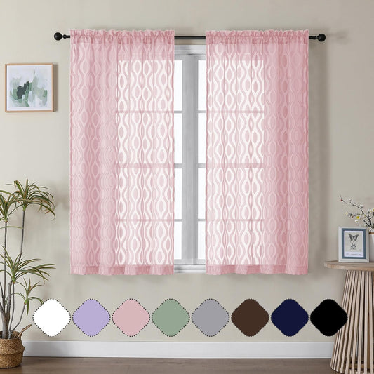 Aiyufeng Pink Sheer Curtains 2 Panels 54 Inch Length, Soft Lightweight Clip Jacquard Textured Blush Curtains for Bedroom Living Room, Modern Wavy Line Solid Voile Sheer Drapes, 40" Wx54 L Inches