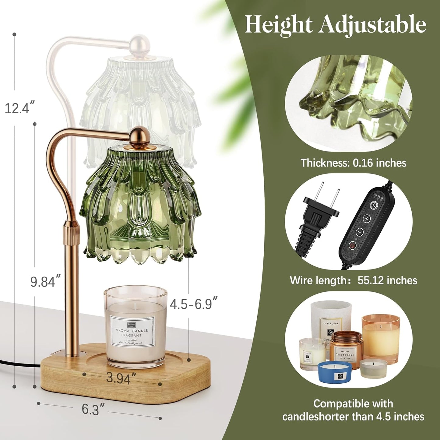 Candle Warmer Lamp with Timer Dimmer, Modern Wax Warmer for Scented Wax Jar Candle Warmer with 2 Bulbs, Adjustable Height Glass Lamp for Gifts for Women, House Warming Gifts, Home Decor, Gold Green