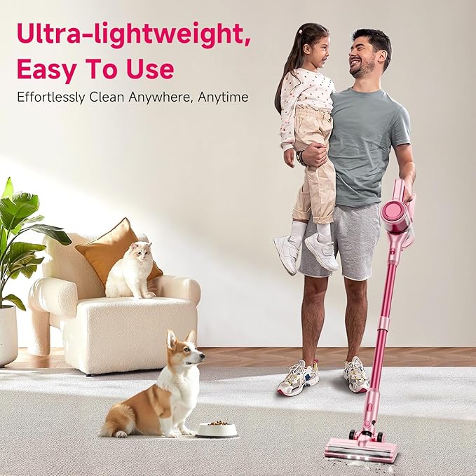 Cordless Vacuum Cleaner, 38Kpa Powerful Stick Vacuum Cleaner with 45mins Rechargeable Battery, LED Anti-Tangle Brush, 8-in-1 Handheld Vacuum Cleaners for Home/Pet Hair/Carpets/Floors, Pink