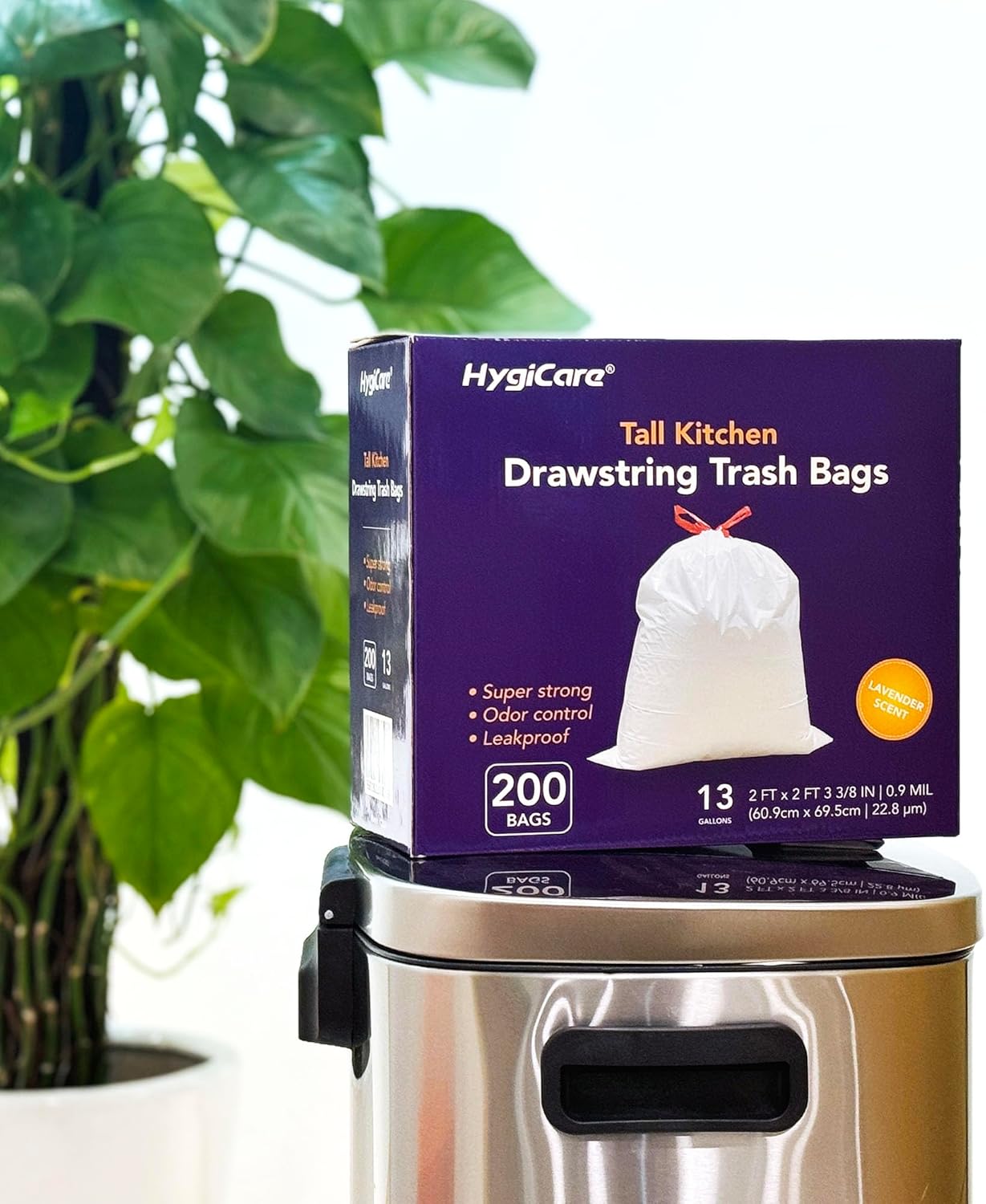13 Gallon Tall Kichen Trash Bags, Lavender Scented 200 Count Drawstring Garbage Bags, Pre-Separated, Odor Control, Ultra Strong, Leakproof, Sturdy, White