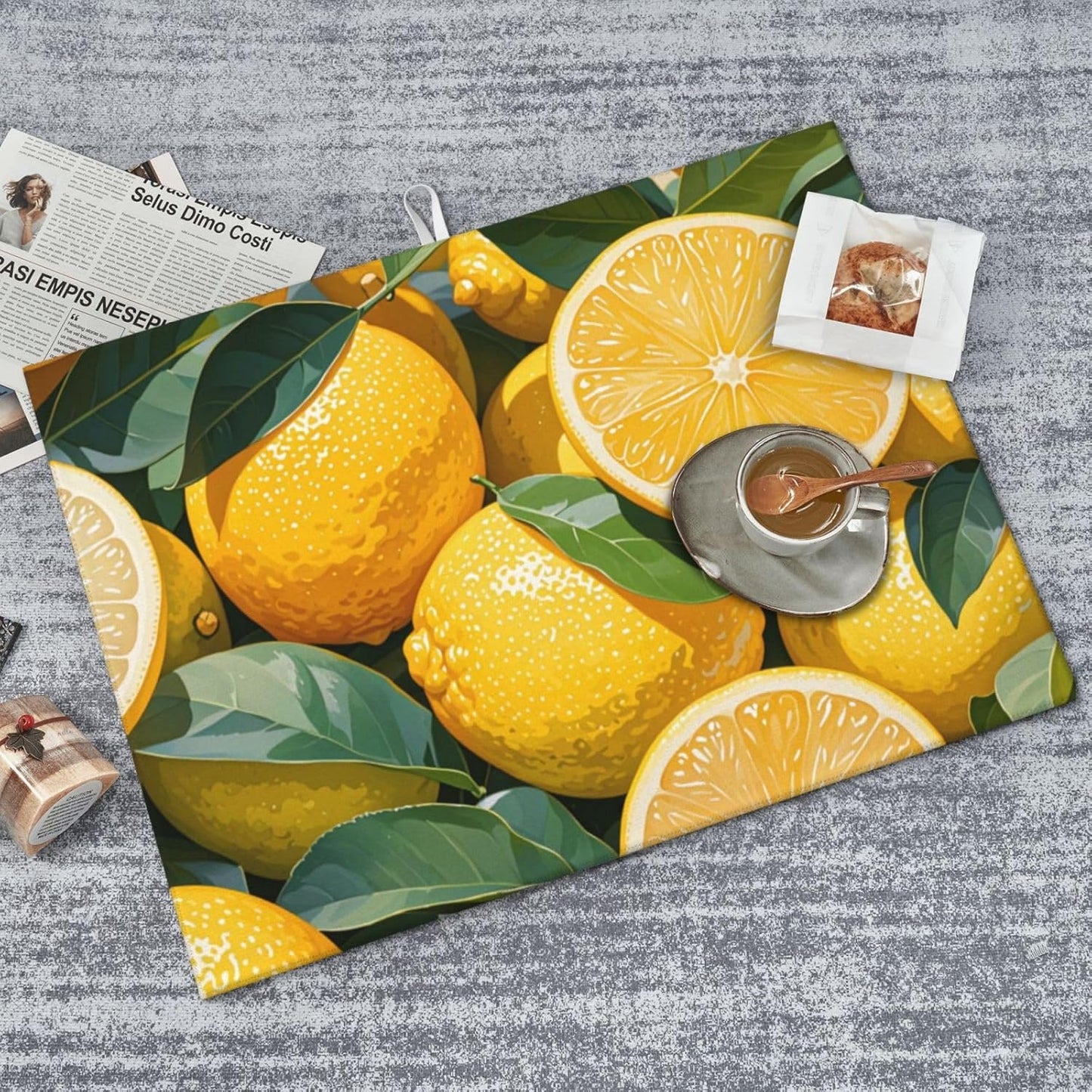 lemon Dish Drying Mat Highly Absorbent Double-Sided Microfiber with Hanging Loop Reversible Drain Dish Rack Mat Drain Mat Suitable for Kitchen Countertop Coffee Bar 18 x 24 Inch