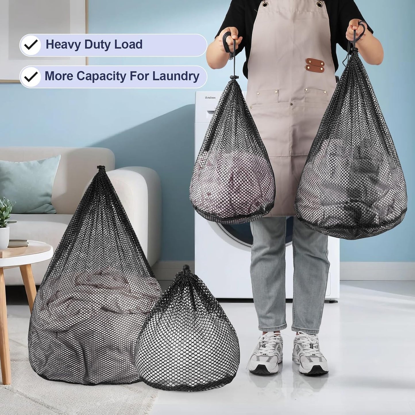 4Pcs Mesh Laundry Bags Washing Machine Mesh Wash Bags Jumbo for Delicates Clothes,Bed Linen,Toys with Drawstring Closure Sturdy (Black, Pack 4 Pcs)