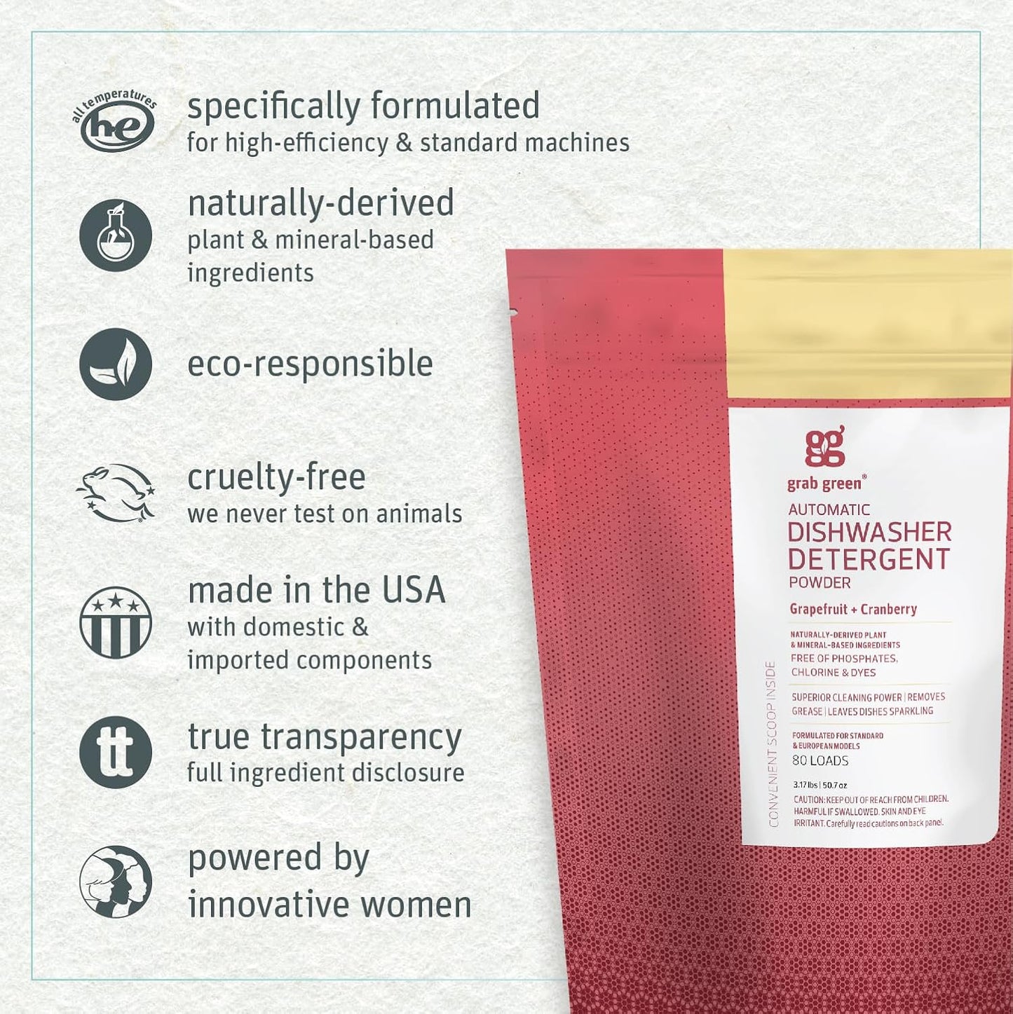 Grab Green Automatic Dishwashing Detergent Powder 3.17 lbs, 80 Loads, Grapefruit Cranberry Scent, Plant and Mineral Based, Superior Cleaning, Powerful Grease Removal, Brilliant Shine