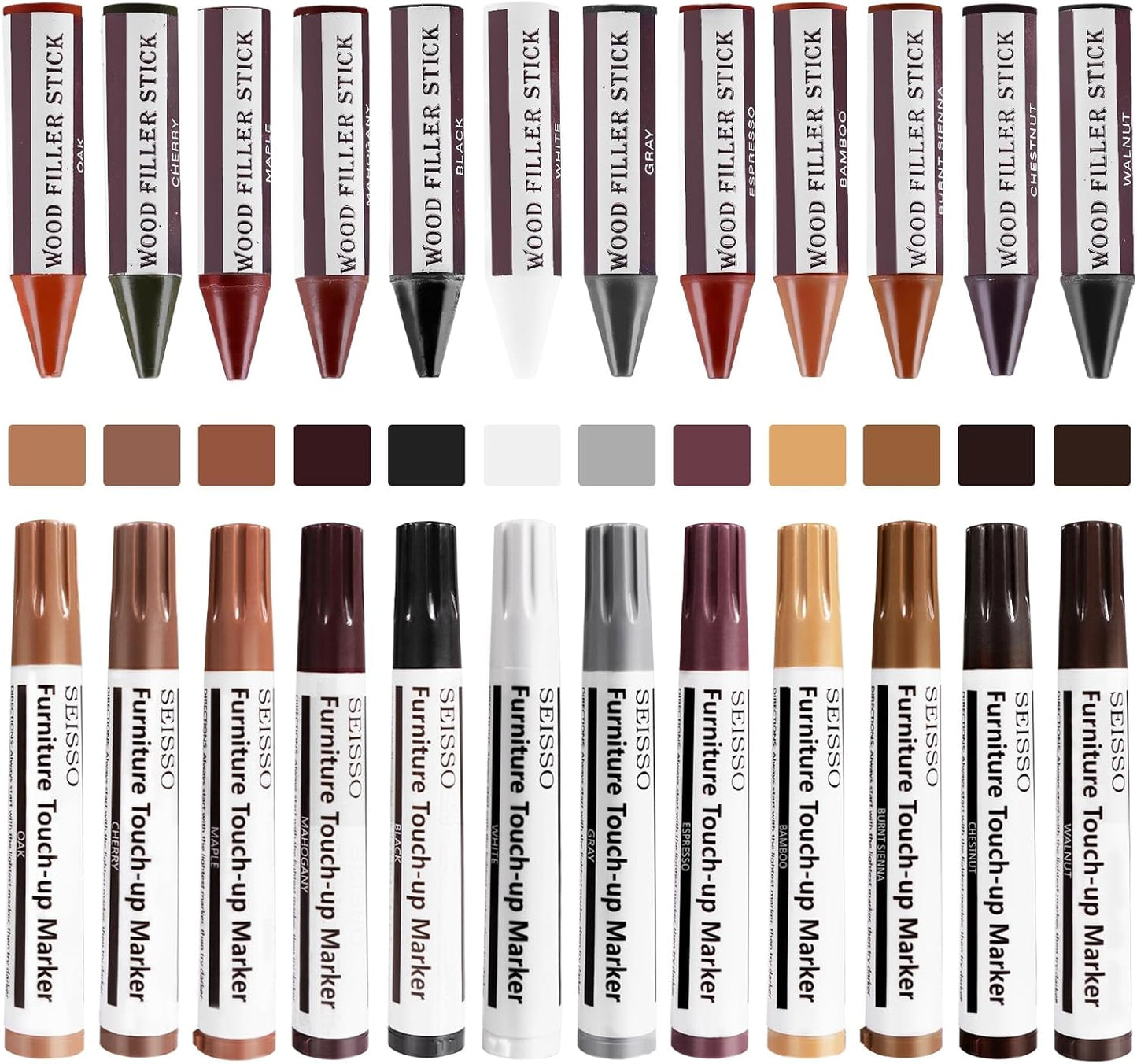 SEISSO Furniture Repair Kit, 12 Colors Furniture Touch-up Markers and Wood Fillers Sticks for Stains, Scratches, New Upgrade Furniture Touch Up Kit - Restore Wooden Table, Cabinet, Floors, Door
