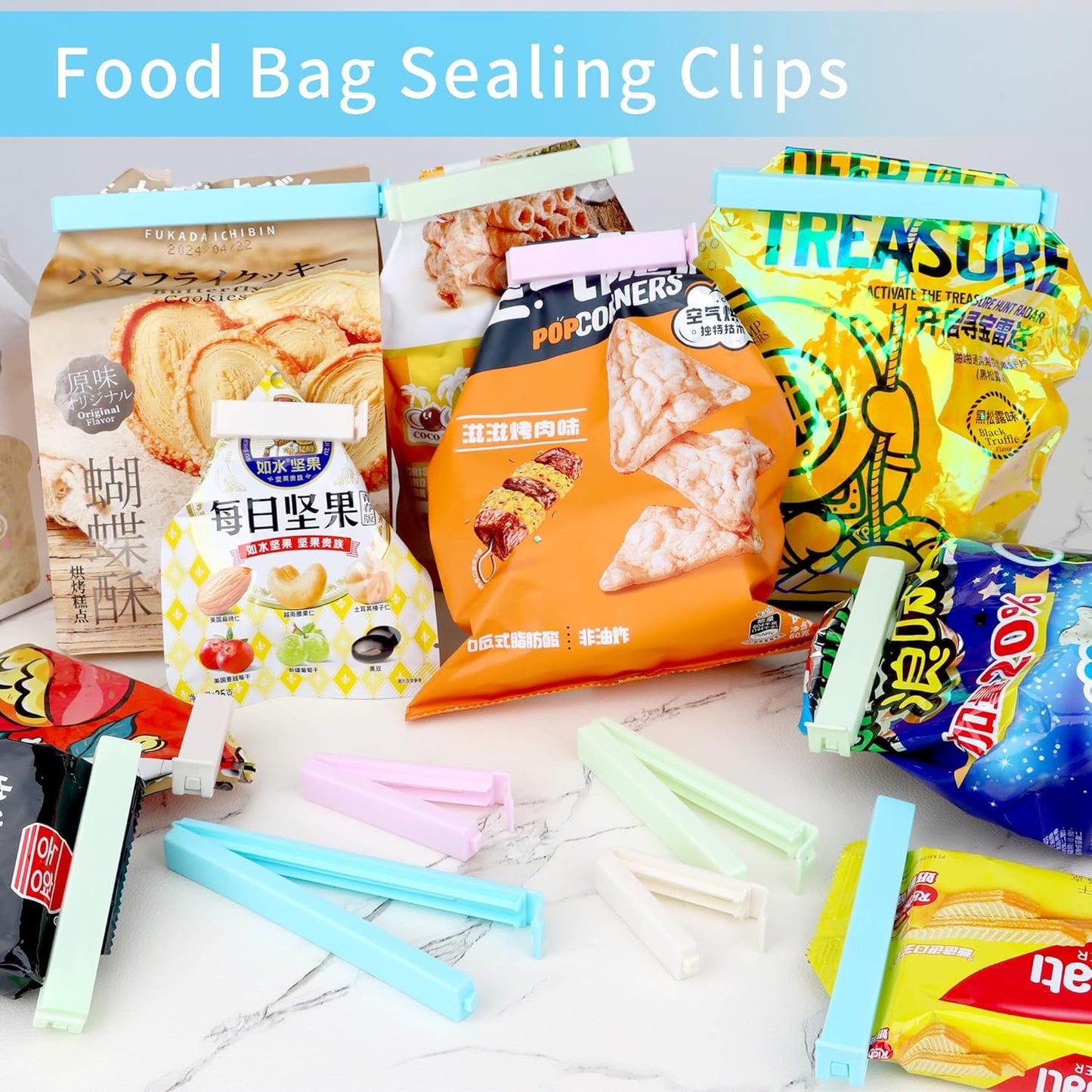 34 Packs Plastic Chip Clips for Food Storage - Resealable Sealing Clips in 4 Sizes (2.4"/3.2"/4.3"/5.5") - Light Colors