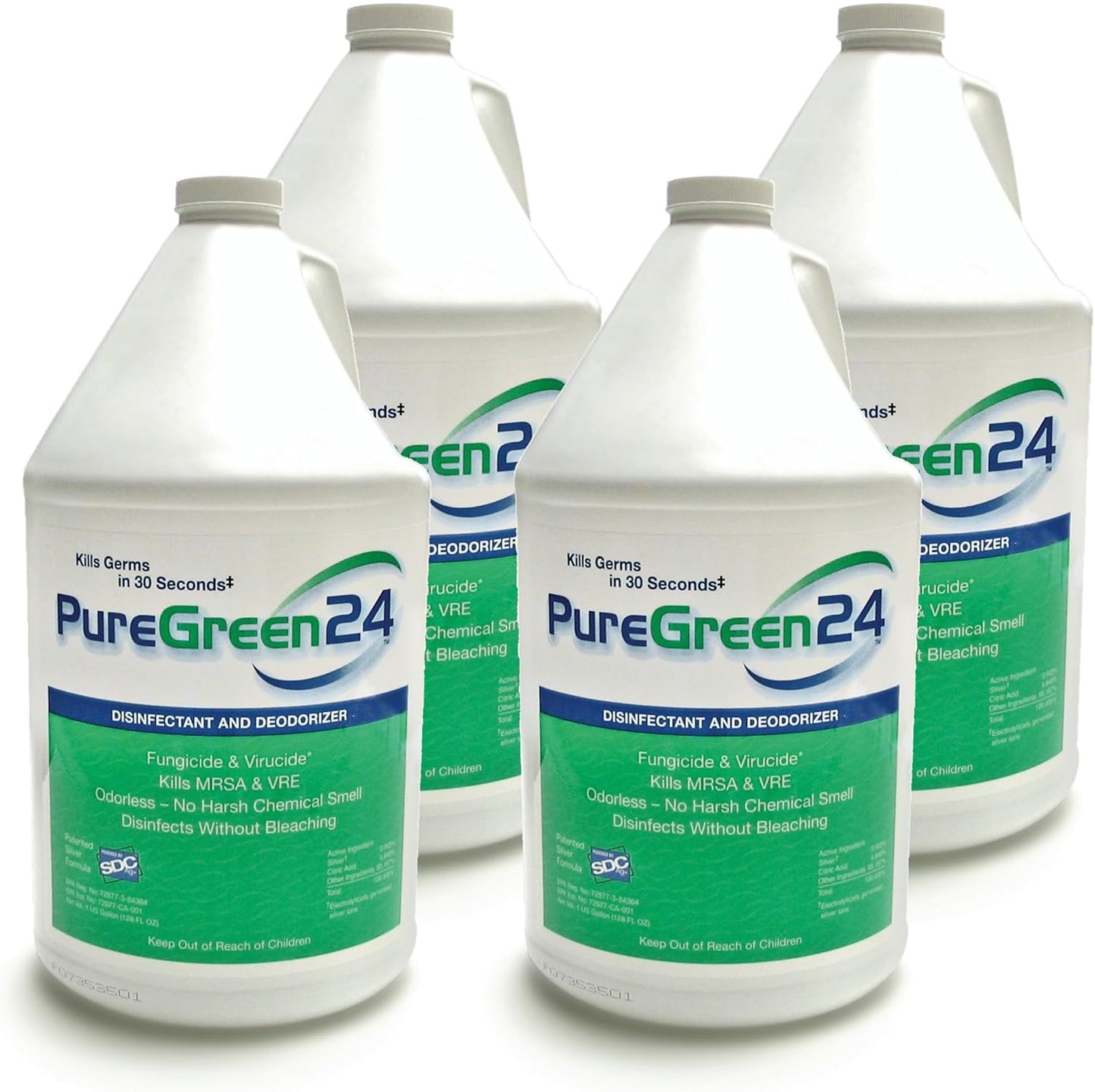 PureGreen24 Safe & Effective Disinfectant. Kills Deadly Germs including RSV COVID-19 Norovirus MRSA Staph 2025 flu Contains no toxic chemicals odorless child & pet safe 4 gallon bottles ready to use