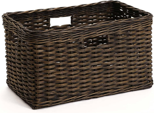 The Basket Lady Tall Rectangular Wicker Storage Basket, Medium, 20 in L x 13 in W x 11 in H, Antique Walnut Brown