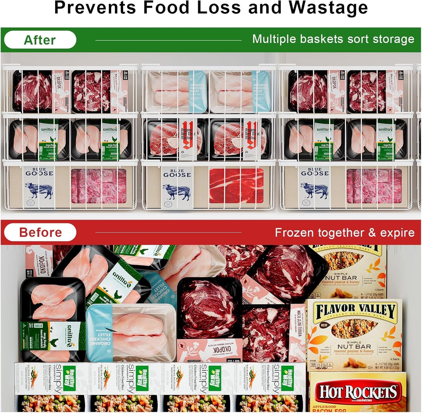 Freezer Storage Organize Baskets - 8 Pack Stackable Deep Freezer Organizer Bins for Most 7 Cu.FT Chest Freezer with Handles, Sturdy but Light, Metal Coated, Add Space, Easy to Reach