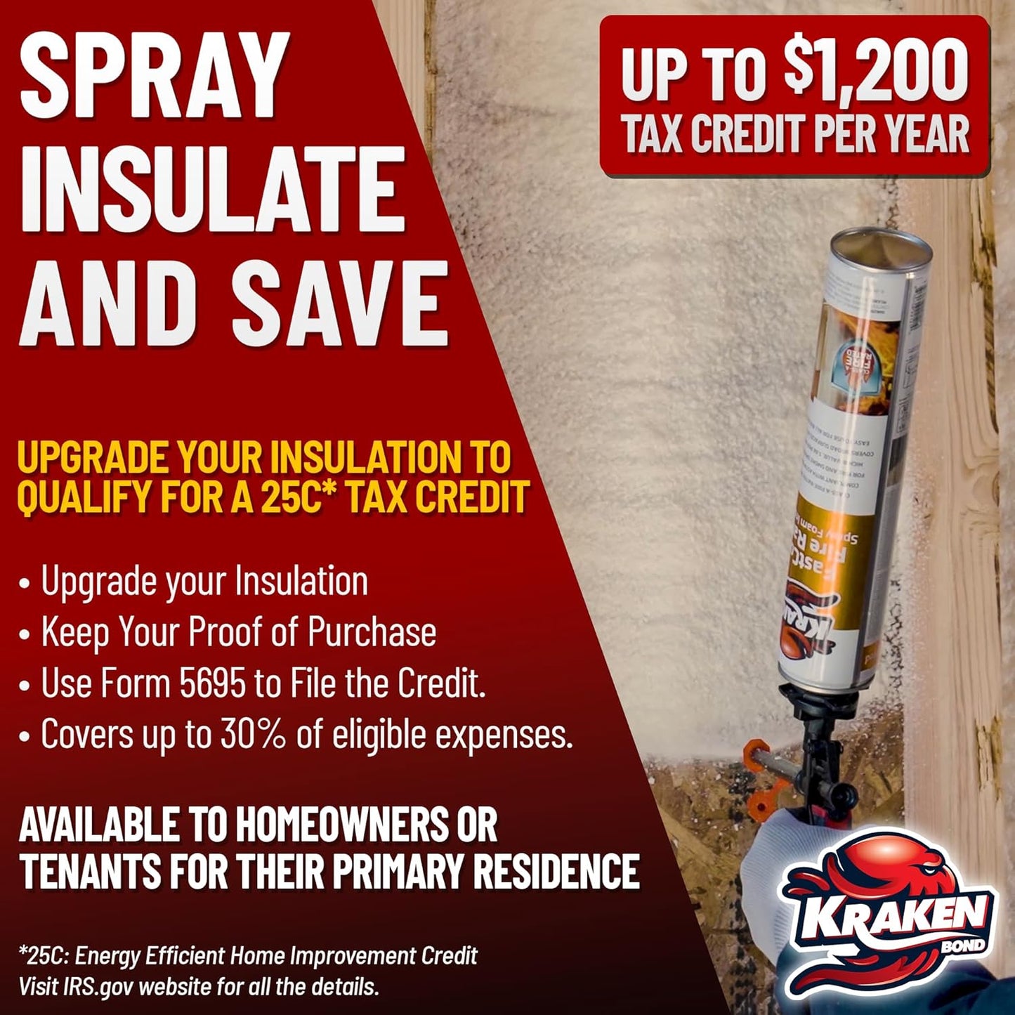 Kraken Bond Fastcoat Fire Rated Spray Foam Insulation Closed Cell in a Can 360 sq ft (18x27.1 oz.) (R-Value 11.32 / 2in) - Spray Foam for Garage Door, Attic, Wall Gun & Cleaner Included, 18 Pack