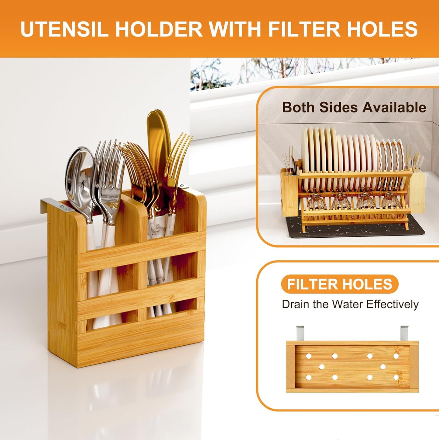 Greenual Bamboo Dish Drying Rack with Utensil Holder, 2 Tier Collapsible Dish Rack, Wooden Dish Racks for Kitchen Counter, Folding Drying Holder with Absorbent Dish Drying Mat