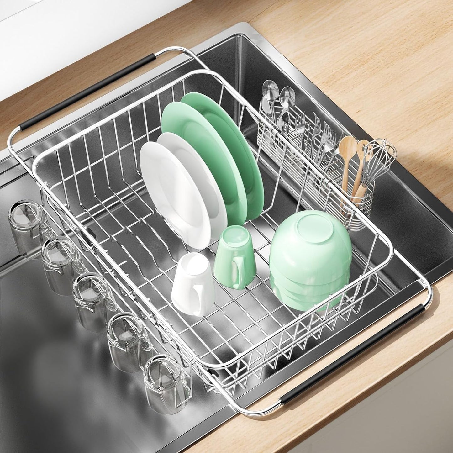 Dish Drying Rack in Sink, Extendable Stainless Steel Dish Drainers for Kitchen Counter, Anti-Rust Dish Dryer Rack with Utensil & Cup Holders, for Inside Sink, Over The Sink