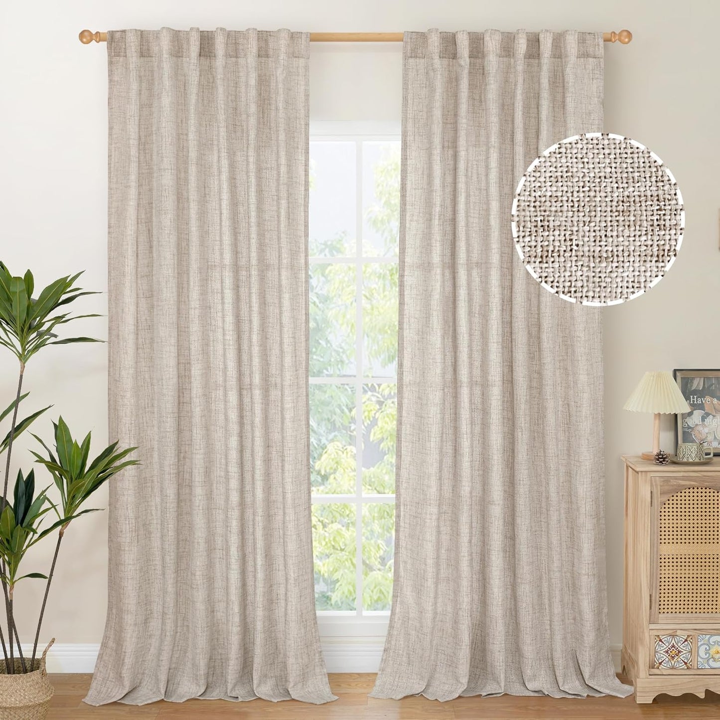 YoungsTex Natural Linen Curtains 90 Inches Long for Living Room Back Tab Textured Light Filtering Window Drapes with Ring Clips for Bedroom Dining Room, 52 X 90 Inch, 2 Panels