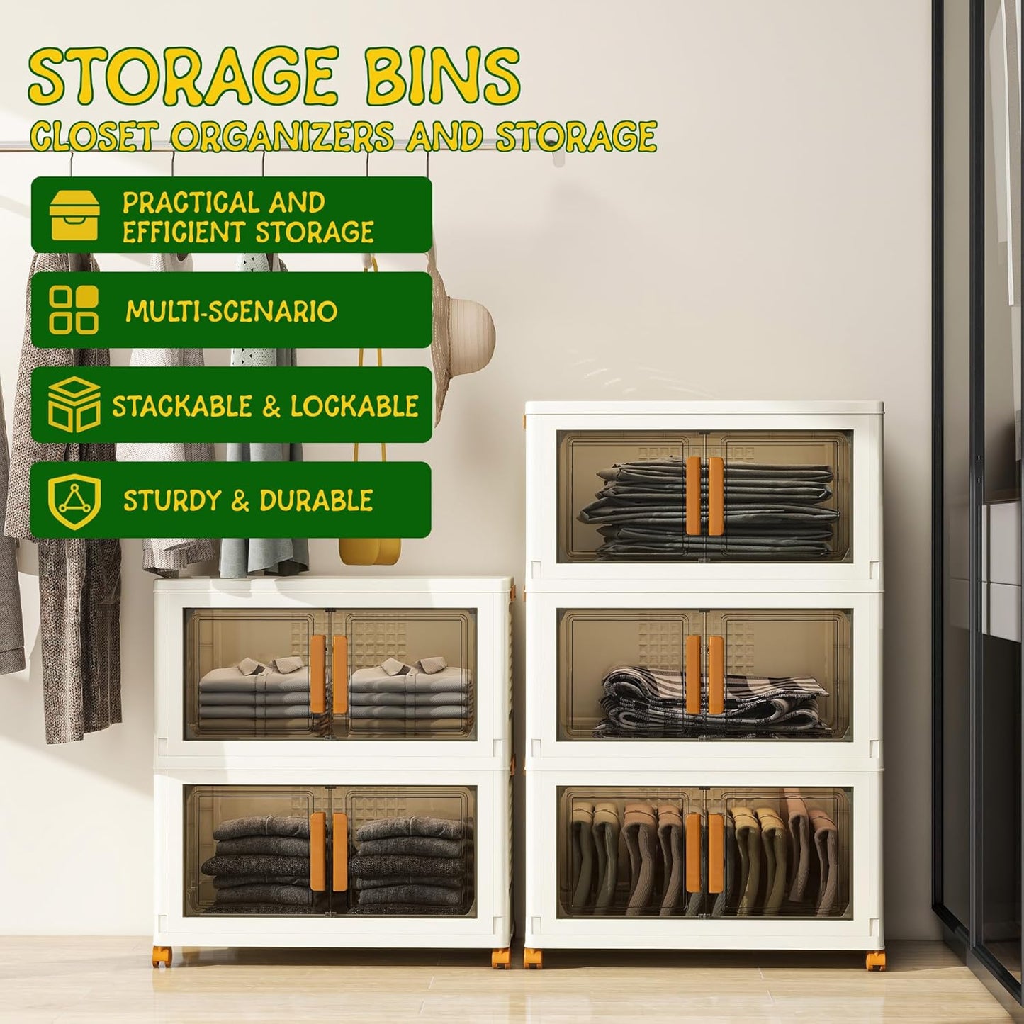 2 Tier Large Stackable Plastic Storage Bins with 1 Lid 95 QT/Tier, Collapsible Plastic Box Storage Bin with Wheels, Home Containers Boxes Closet Organizers for Living Room, Office, Dorm